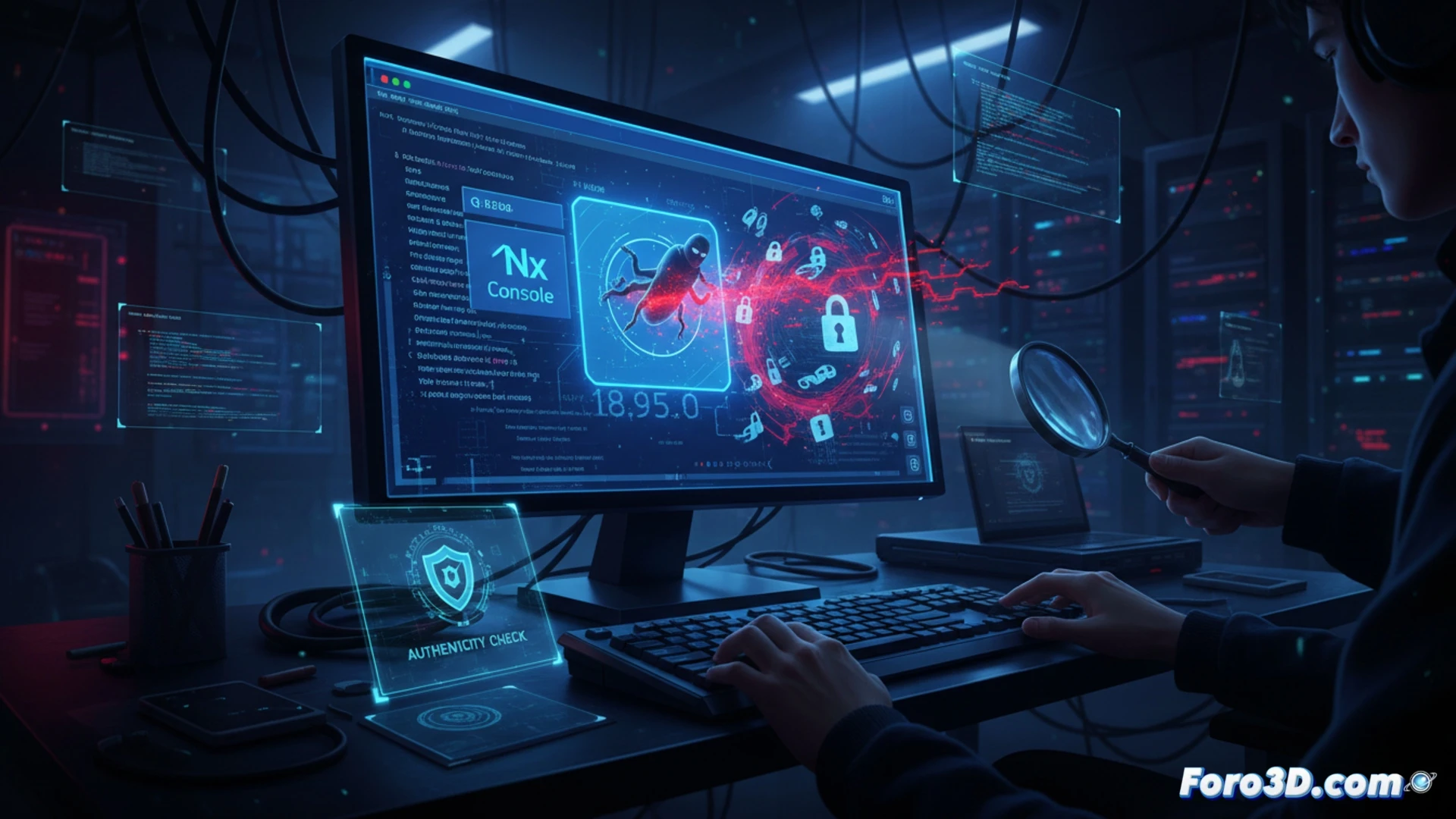 Visual studio code editor interface showing a malicious plugin installation process, a padlock icon being cracked open by a glowing red code worm while a shield icon displays a breached warning, developer workstation with terminal window showing stolen credential data being exfiltrated, dark mode UI with warning popups, cinematic cybersecurity visualization, dramatic red alert lighting, photorealistic technical render