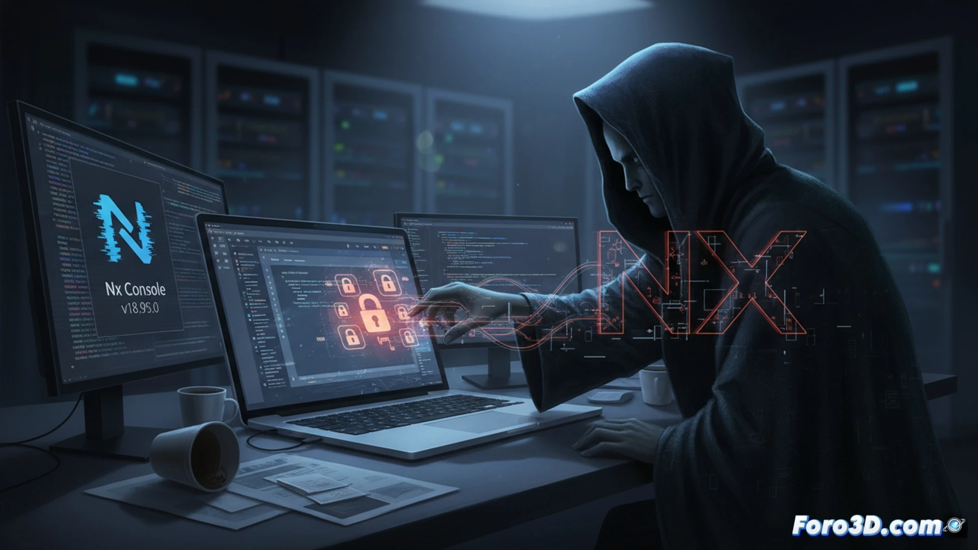 VS Code editor interface with malicious Nx Console extension panel open, glowing red warning indicators on compromised plugin version 18.95.0, credential files being extracted in real-time from developer workspace, code snippets and API keys flowing through hidden network connection, terminal window showing suspicious data exfiltration process, cyber attack visualization with transparent overlays of malware execution chain, dark mode UI with neon red and blue highlights, cinematic cybersecurity scene, photorealistic technical illustration, dramatic side lighting casting shadows on keyboard and monitor