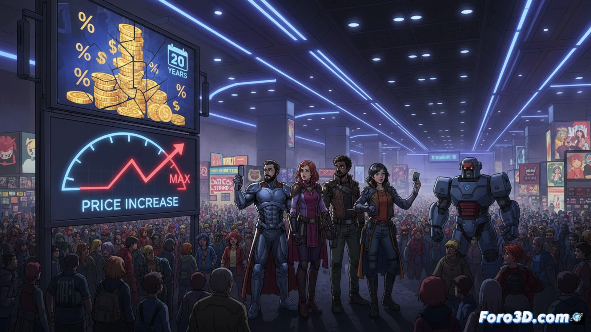 New York Comic Con 2026 twentieth anniversary celebration, crowded convention hall with attendees reaching for expensive tickets, digital price displays showing rising numbers with tax and fee breakdowns, ticket kiosk screens glowing with red sold-out indicators and high price tags, long queue of frustrated fans holding wallets, ReedPop branding on banners above, cinematic photorealistic style, dramatic overhead lighting casting shadows on tired faces, detailed ticket scanners and payment terminals, crowded escalators with cosplayers, intense atmosphere of financial strain mixed with excitement, ultra-detailed crowd textures, realistic New York convention center architecture