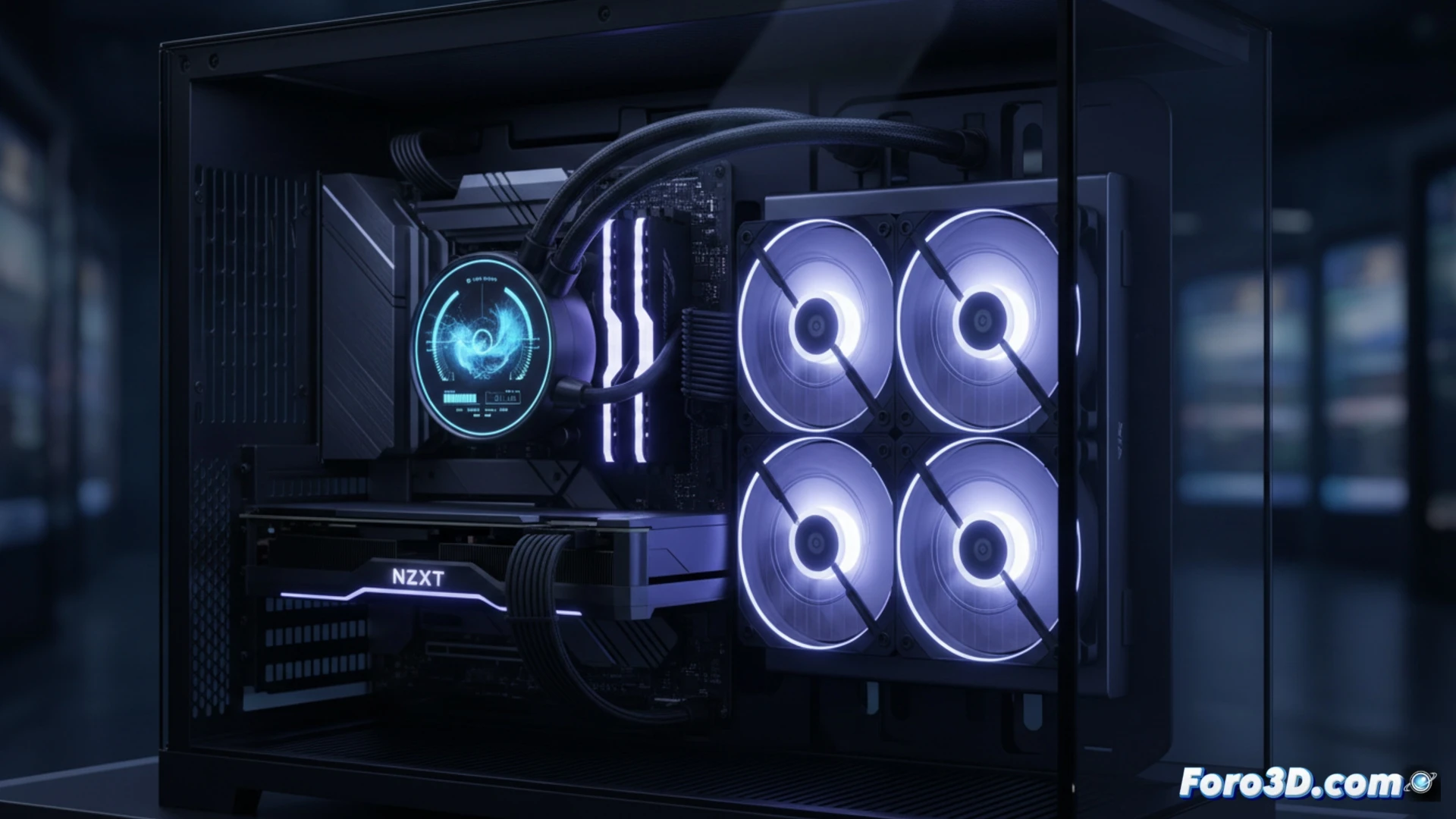 water block of NZXT Kraken Elite 2024 cooler being installed onto a modern CPU socket, thermal paste spreading evenly under pressure, LCD screen on pump housing displaying a real-time temperature graph with animated glowing data lines, coolant flowing through braided tubes into a radiator with visible fan blades spinning, motherboard VRM heatsinks in background, cinematic engineering visualization, hyper-detailed metallic surfaces, cool blue LED lighting reflecting off polished copper cold plate, macro lens focus on thermal interface material, photorealistic technical render