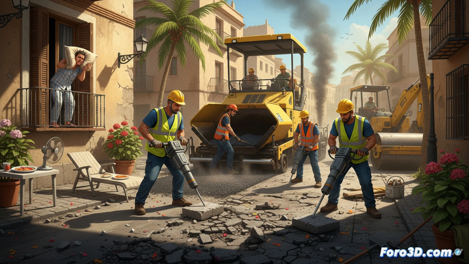 midday sun blazing over a residential street, construction workers using jackhammers and pneumatic drills on torn-up asphalt, dust clouds rising in golden light, a worker in safety vest operating a vibrating plate compactor near exposed pipes, thermal distortion waves in the air, a nearby window half-open with a curtain fluttering, contrasting the violent demolition with the stillness of siesta time, cinematic engineering visualization, photorealistic urban scene, harsh sunlight casting long shadows, heavy machinery details, sparks from metal cutting, hyper-detailed texture of broken pavement and gravel