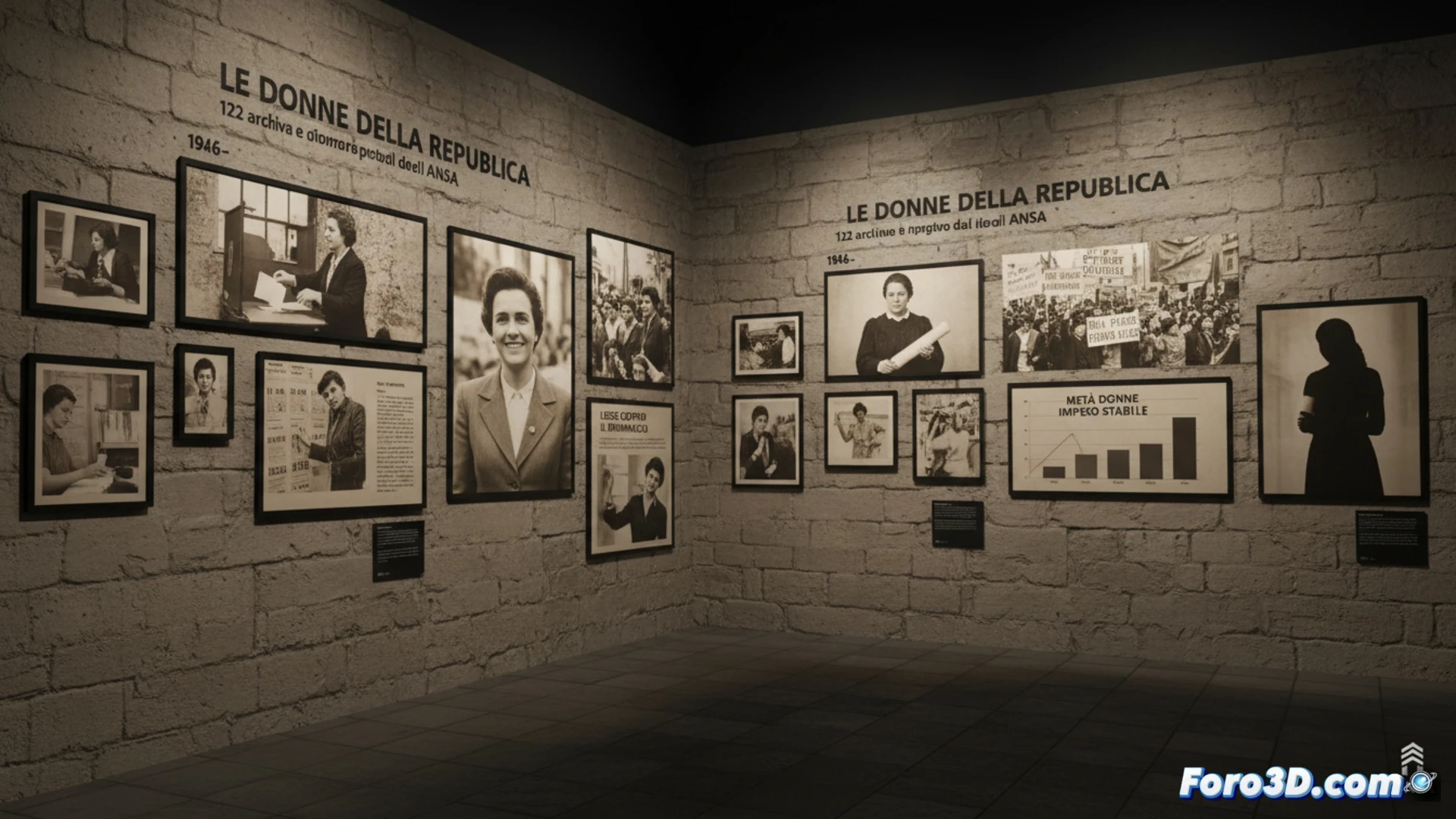 montaje fotográfico en pared de galería, manos femeninas sosteniendo herramientas de ingeniería y documentos legales, grupo diverso de mujeres italianas de distintas décadas caminando juntas hacia adelante, una mujer joven señalando una pantalla digital con gráficos de estadísticas laborales y violencia de género, fondo con columnas de mármol y luz tenue de museo, estilo cinematográfico realista, iluminación suave y dramática, sombras profundas, textura de papel fotográfico antiguo mezclado con superficies metálicas modernas, photorealistic technical illustration