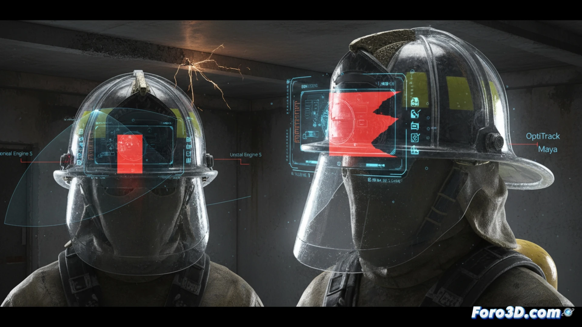 Bombero con casco AR en simulacro de rescate, obstáculo oculto por panel HUD en periferia visual