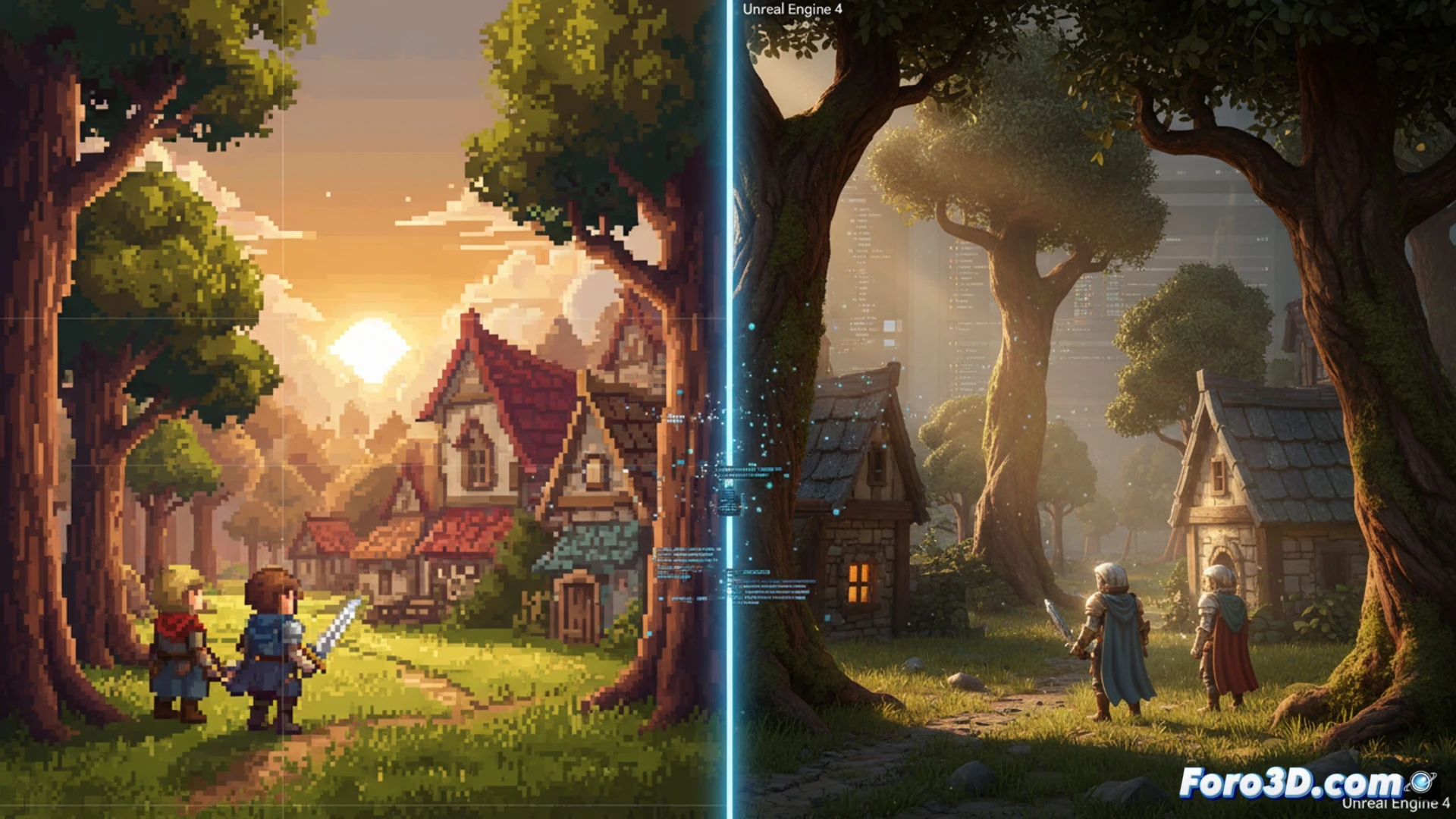 Pixel art con iluminación volumétrica en Unreal Engine 4, estilo HD-2D de Octopath Traveler II
