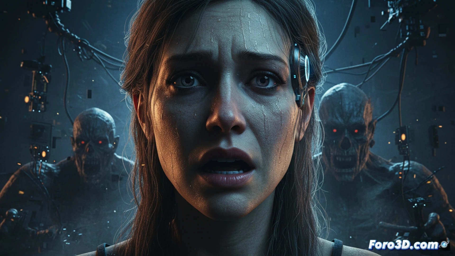 Primer plano hiperrealista de un humanoide digital con expresión de terror en Unreal Engine 5