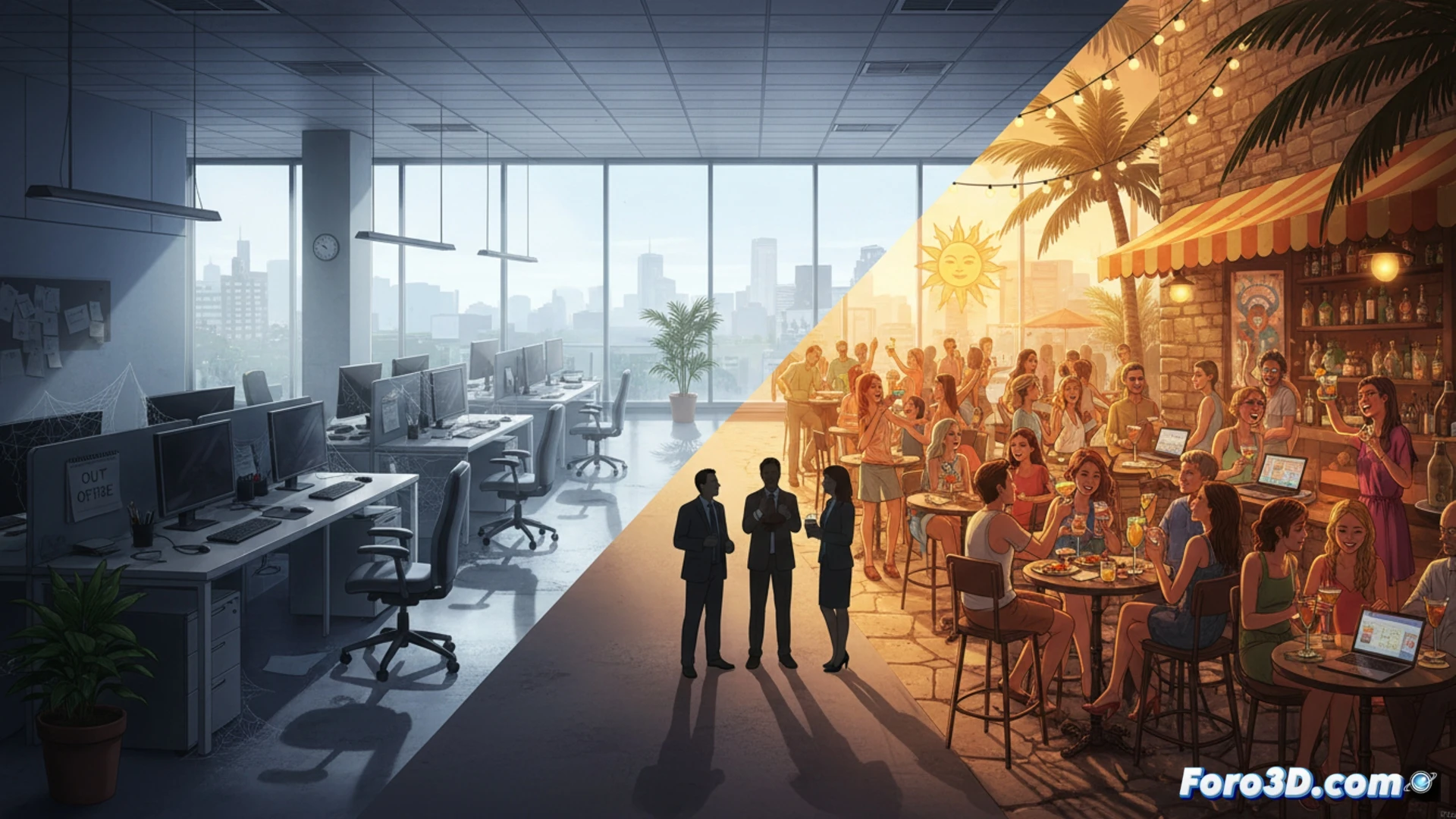 empty corporate office with desks and monitors casting long shadows under flickering fluorescent lights, a single laptop open but abandoned, while through the glass wall a packed outdoor bar terrace glows with sunlight, workers sipping cocktails and laughing, a smartphone showing a calendar app with blocked-out hours, a coffee cup with lipstick stain on a desk, split scene contrasting sterile beige cubicles and vibrant social bustle, cinematic photorealistic render, warm golden hour light on the terrace, cool desaturated tones inside, ultra-detailed architectural details, dynamic lighting, high-resolution technical illustration style