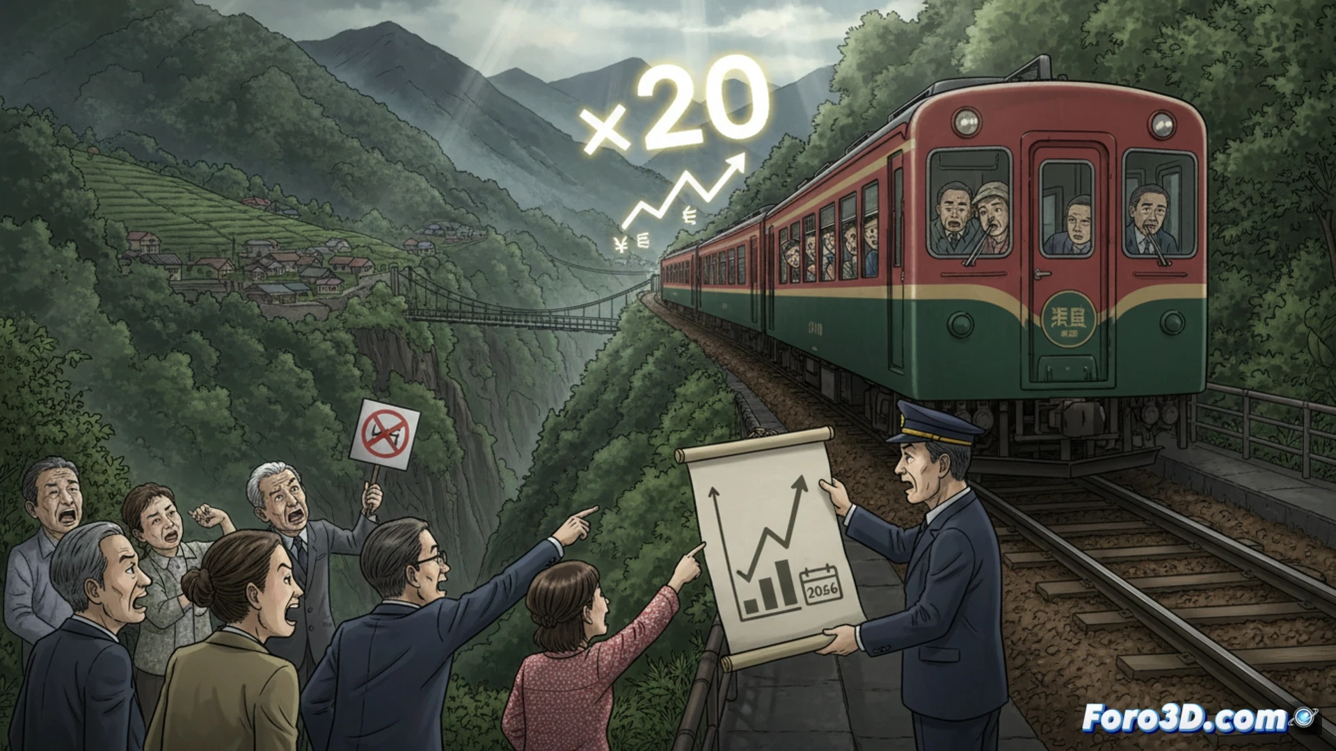Tren rojo Oigawa Railway cruza cañón verde Shizuoka, cartel de tarifas muestra aumento drástico, pasajeros locales protestan.
