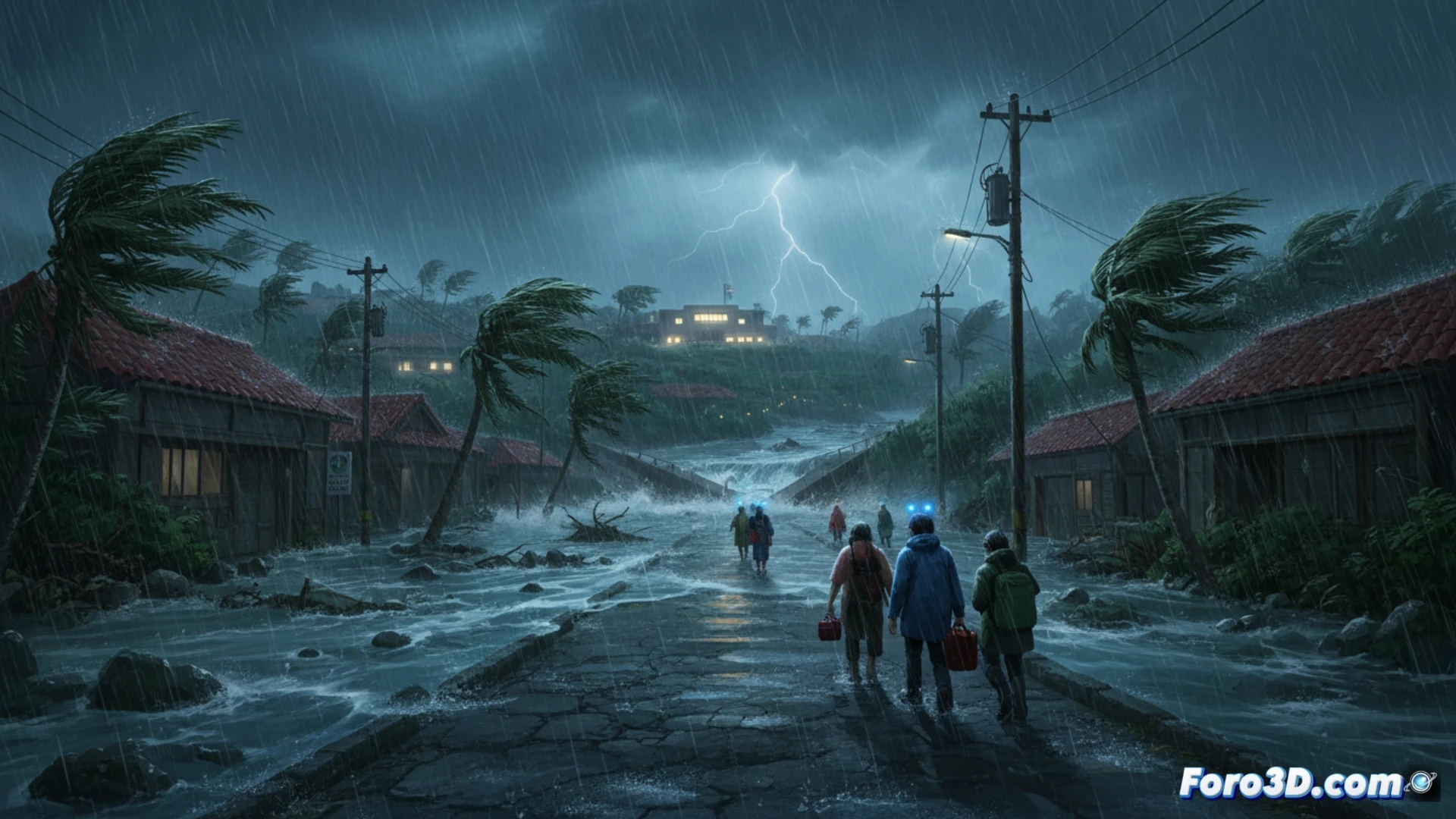 Okinawa island aerial view during extreme rainfall, linear rain bands forming over southern urban areas, muddy brown rivers overflowing into residential streets, landslide scar visible on steep hillside, emergency vehicle flashing lights near evacuation shelter, residents moving through flooded intersection, dark storm clouds with intense precipitation streaks, cinematic photorealistic weather disaster scene, dramatic overcast lighting, wet asphalt reflections, palm trees bending in wind, realistic flood water texture, ultra-detailed urban landscape, technical visualization of flood risk zone