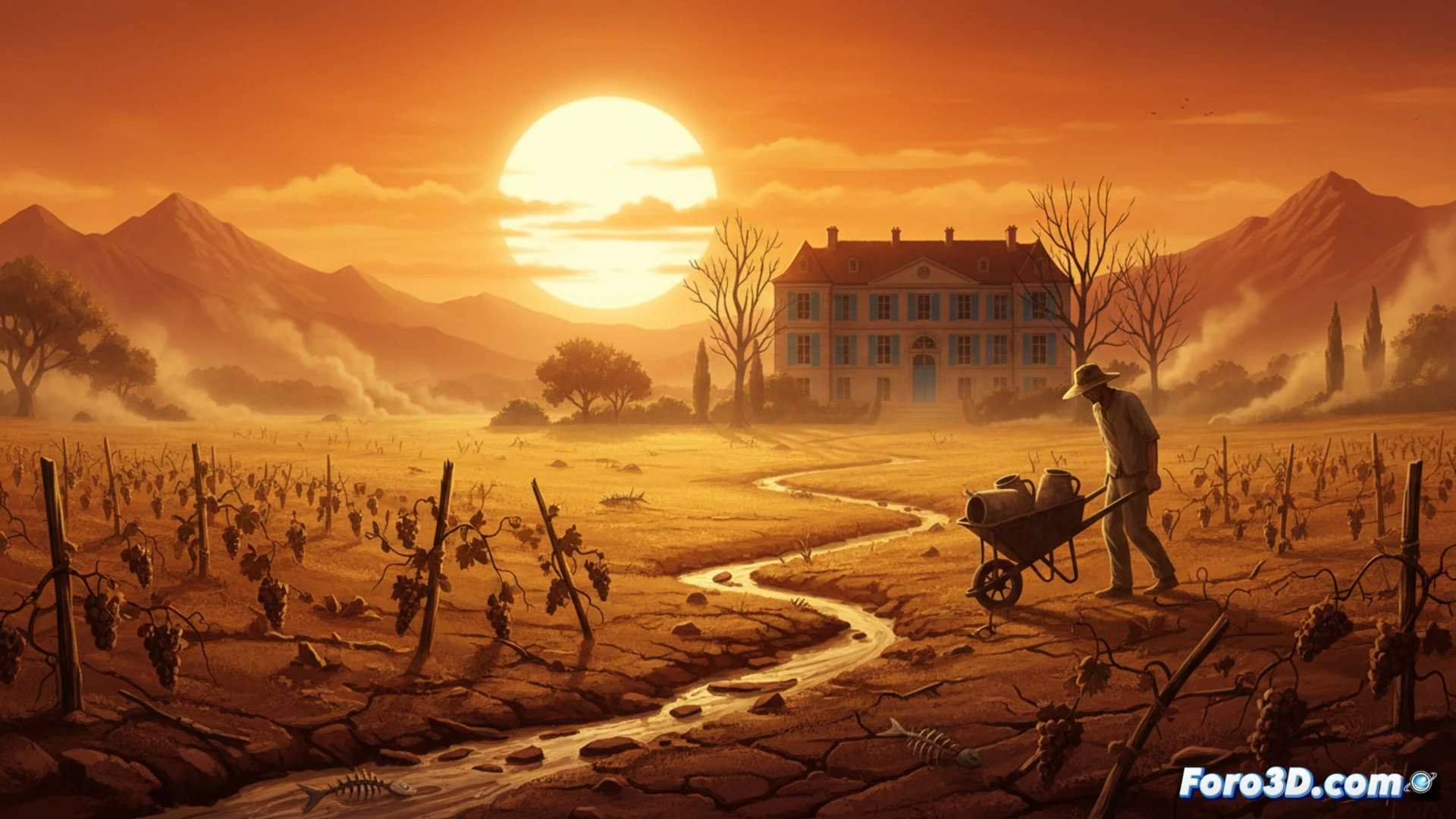 photorealistic aerial view of a cracked, parched farmland in southern France, a wilted sunflower field stretching toward a hazy horizon, a digital thermometer embedded in the soil showing extreme heat, a farmer kneeling while inspecting a broken irrigation pipe, heat shimmer distorting the air above a distant nuclear power plant cooling tower, cinematic golden-brown color palette, harsh sunlight casting long shadows, technical illustration style, detailed dust particles suspended in air, climate data overlay visualized as glowing red thermal gradients on the ground surface, dramatic environmental storytelling