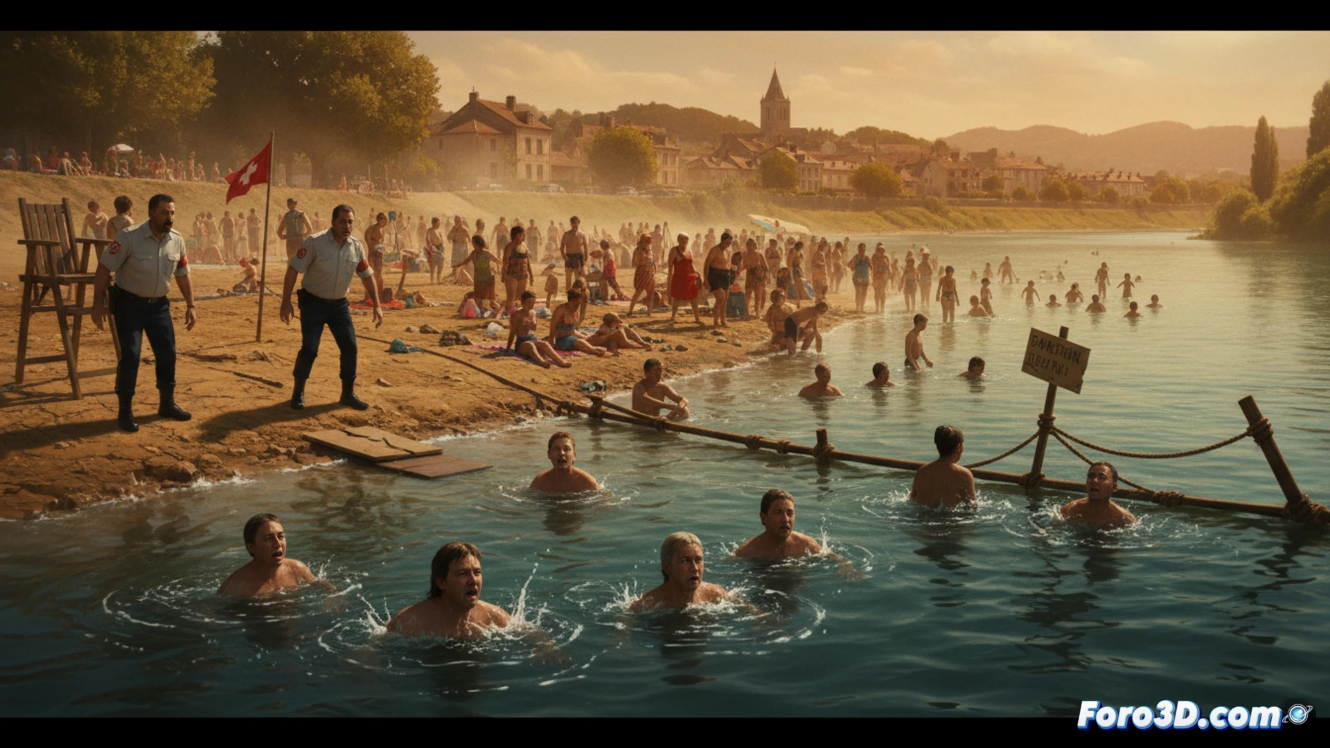aerial view of a crowded unsupervised riverbank in France during a heatwave, a person struggling in deep water while others ignore the danger, a wooden sign reading baignade interdite partially submerged, empty lifeguard tower in background, abandoned rescue buoy on the shore, heat haze distorting the scene, cinematic photorealistic style, dramatic sunlight creating harsh shadows, high contrast warm tones, realistic human figures in distress, technical detail in water ripples and lifeguard equipment, wide-angle lens composition