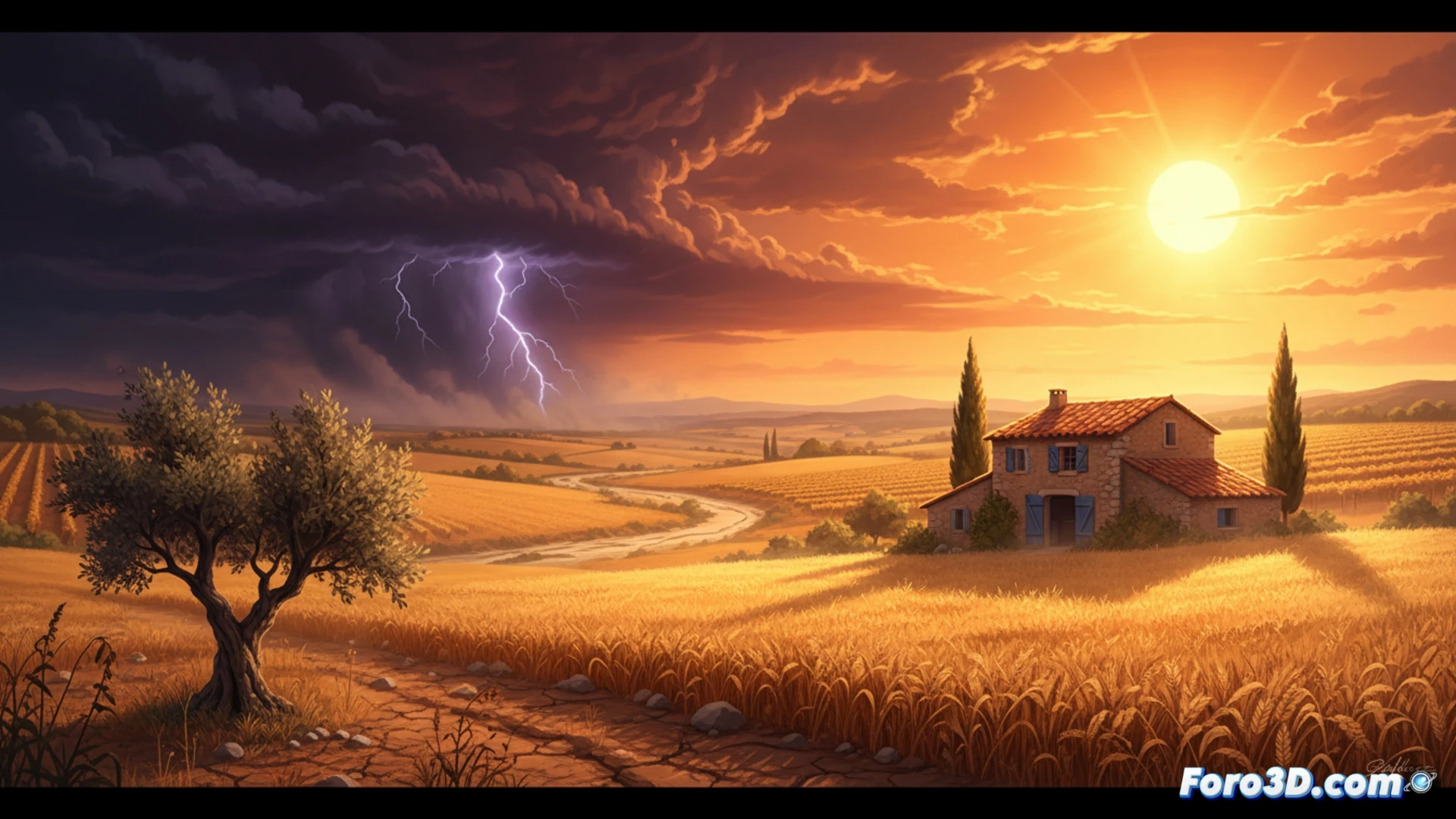 French landscape split between green temperate fields on one side and scorched cracked earth on the other, thermometer display showing 42°C while digital weather station records sudden temperature spike, farmer inspecting wilted crops with handheld infrared thermal camera, irrigation pipes dry and broken, heat haze distorting distant farm buildings, cinematic photorealistic visualization, dramatic golden-orange sky with dark storm clouds forming on horizon, extreme contrast between healthy and drought-stricken vegetation, ultra-detailed soil texture, realistic heat distortion effects, technical agricultural documentation style