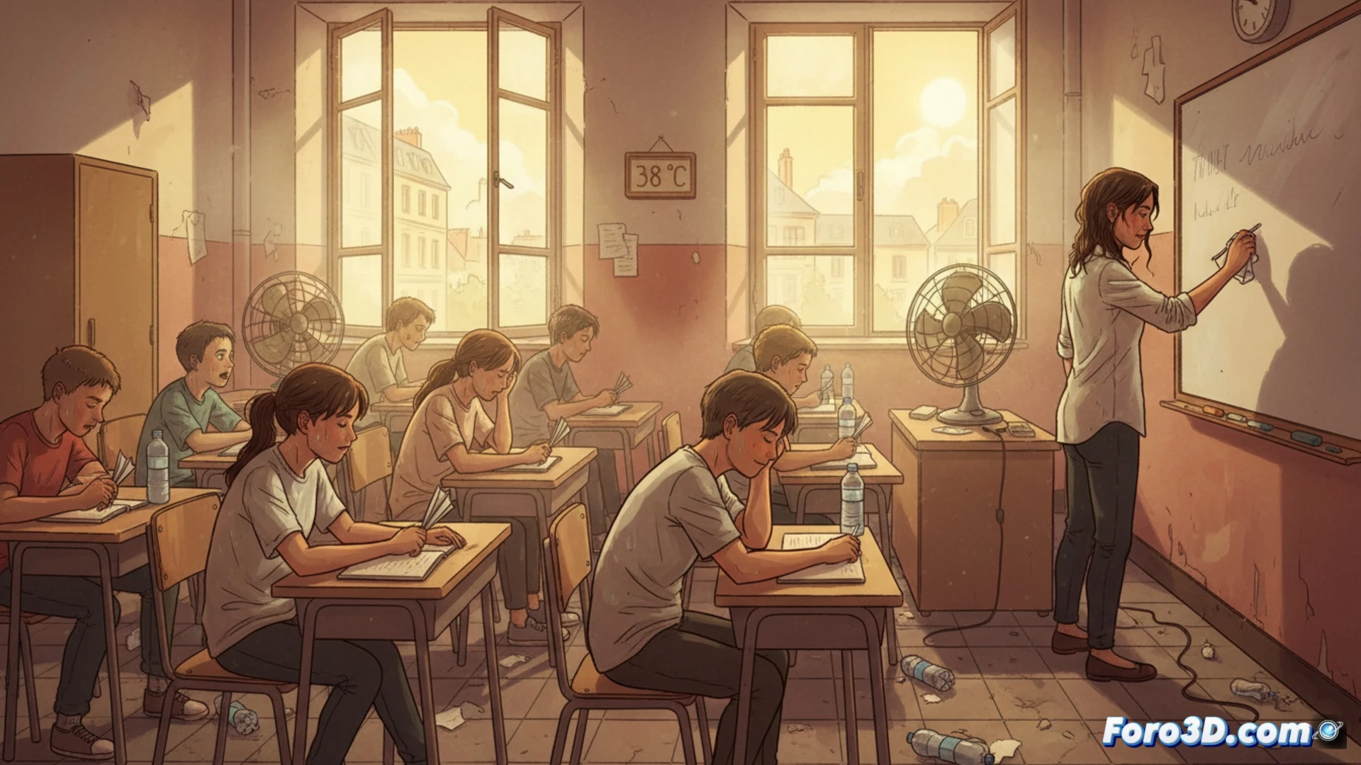 French classroom heatwave crisis scene, 38 degrees Celsius at 11 AM, students sweating while attempting to write, teachers fanning themselves with notebooks, empty water bottles scattered on desks, sunlight streaming through uncovered windows, no air conditioning unit visible, peeling paint on walls indicating poor insulation, children wiping foreheads, some resting heads on desks in exhaustion, photorealistic documentary style, harsh overhead fluorescent lighting mixing with intense sunlight, dust particles visible in hot air, high detail textures on wooden desks and concrete walls, cinematic realistic render, urgent atmosphere showing educational struggle