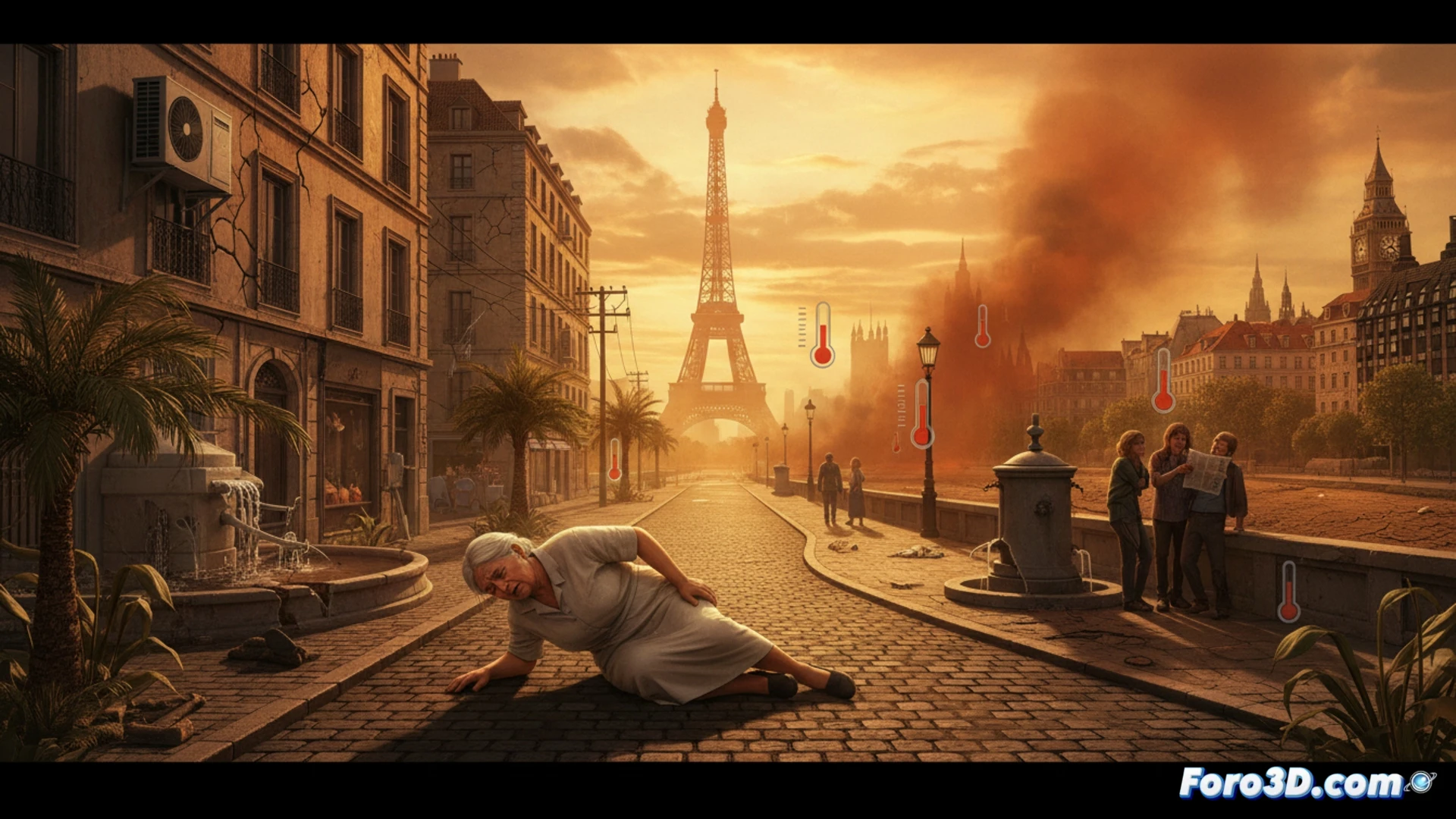 European city street during spring heatwave, elderly person seeking shade under a sparse tree, empty public water fountain dry and cracked, asphalt showing heat haze distortion, thermometer on a lamppost reading extreme temperature, nearby hospital facade with red cross symbol but no visible cooling stations, urban infrastructure lacking adaptation, cinematic photorealistic style, dramatic midday sun casting harsh shadows, cracked pavement, wilted plants in public planters, distant heat shimmer over buildings, ultra-detailed textures, realistic environmental lighting, technical documentary aesthetic