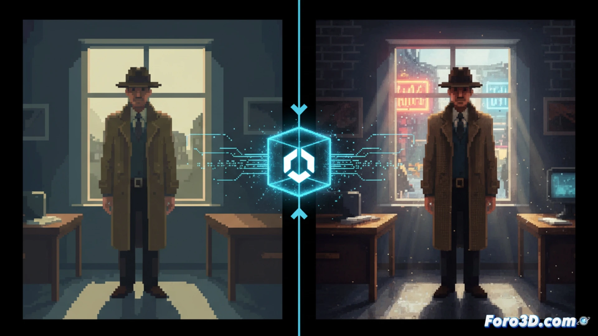 Old Skies de Wadjet Eye Games, pixel art de alta resolución en Unity con iluminación ambiental fotorrealista