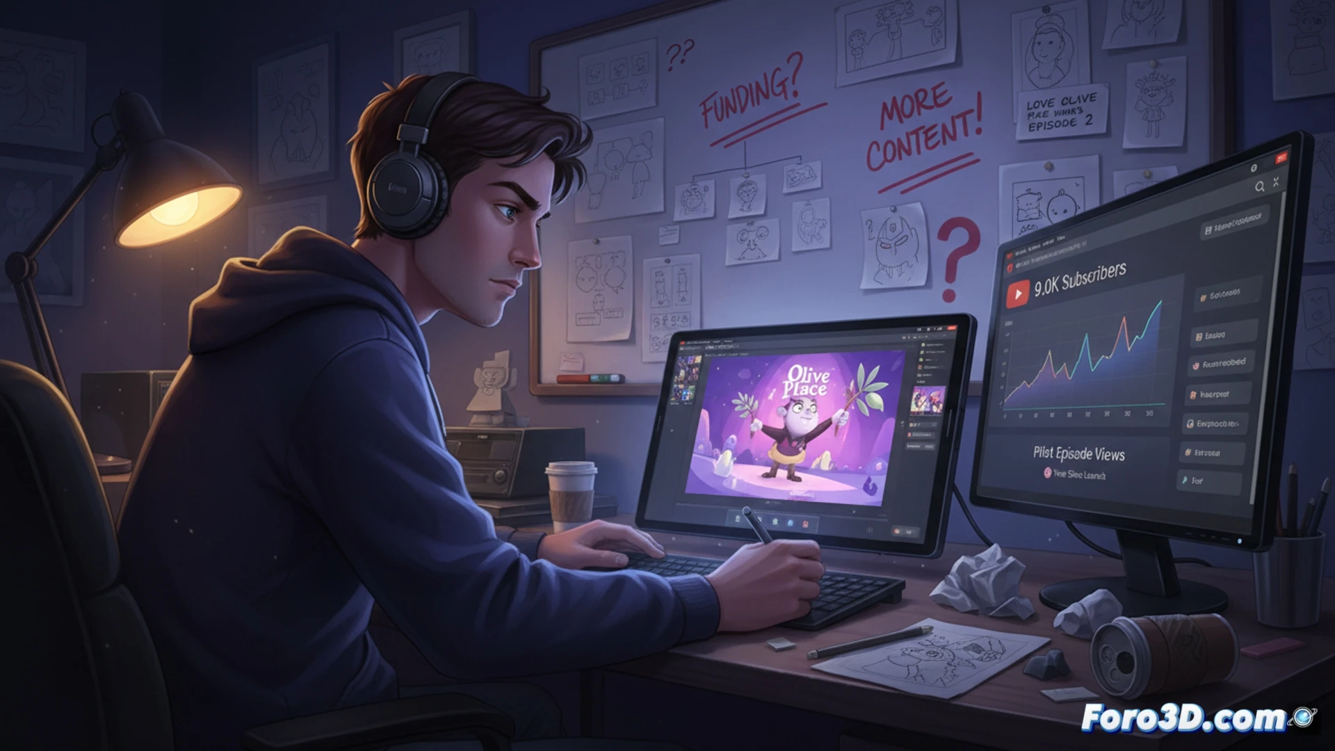 Un animador frente a su escritorio lleno de bocetos de 'Olive Place' y una laptop con gráficos de suscriptores, reflejando el dilema entre creatividad y finanzas.