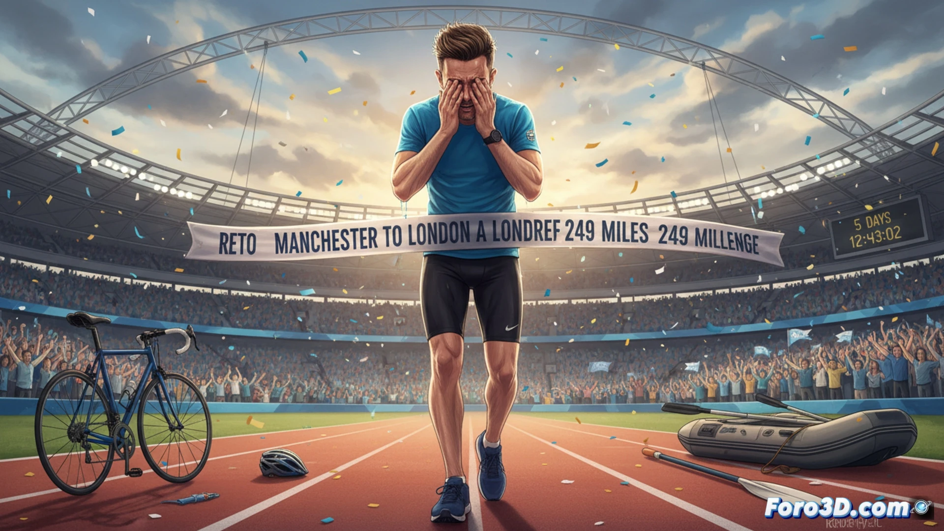 Olly Murs cruza la meta en el Estadio de Londres, rompe en llanto tras 249 millas de reto solidario combinando carrera, ciclismo y remo.
