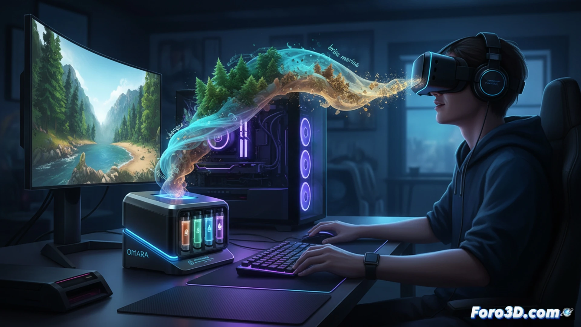 gaming desk setup with Omara device releasing a visible scented mist cloud in a pine forest aroma scene, gamer reaching toward the diffuser while holding a controller, smoke from a digital campfire on screen blending with real vapor, cartridge slot showing 16 aroma labels, USB cable connected to a high-end PC, cinematic product photography style, warm amber and cool blue lighting, bokeh background with monitor glow, photorealistic detail on brushed aluminum casing, motion blur on vapor particles, depth of field emphasizing device and interaction