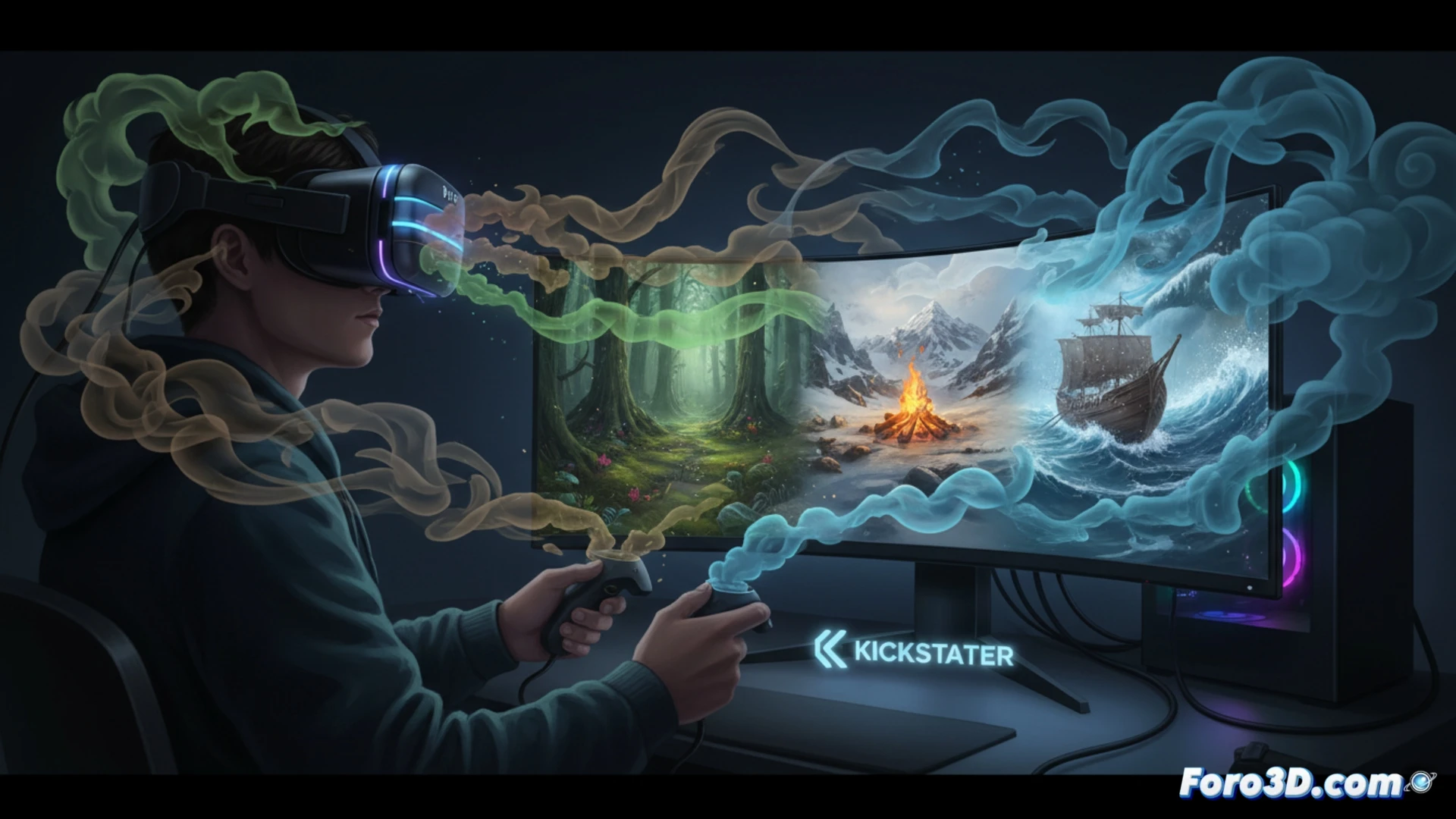 gamer sentado en una silla gaming usando un casco de realidad virtual, mano levantada sosteniendo un dispositivo plateado con rejillas de ventilación cerca de la nariz, mientras la pantalla del monitor muestra un bosque oscuro con niebla y criaturas, cables conectados al dispositivo y al casco, humo aromático visible saliendo de las rejillas, luces LED azules parpadeando en el hardware, manos del jugador agarrando un mando con botones iluminados, ilustración técnica fotorrealista, iluminación ambiental de neón, enfoque nítido en el dispositivo y su interacción con el rostro del usuario