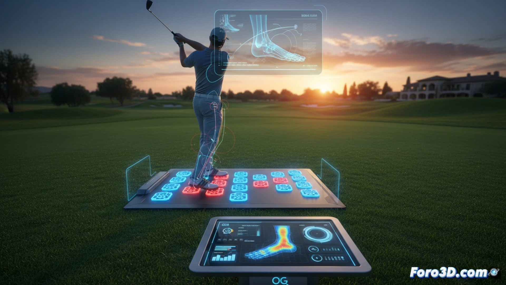 Un golfista profesional pisa una plataforma con sensores azules brillantes, mientras ondas de presión y datos biomecánicos flotan en el aire, sin cables ni pantallas.