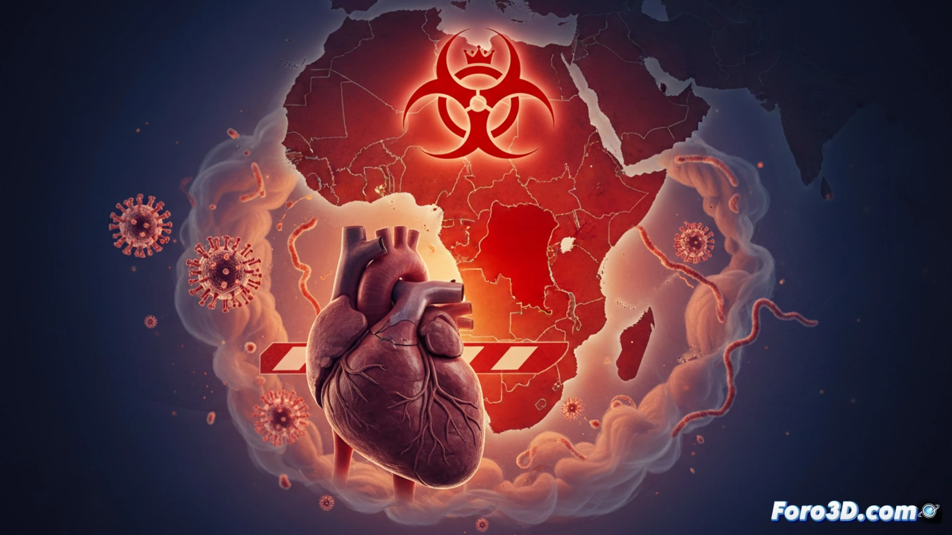 Mapa de África central con focos rojos en RDC y Uganda, logo de la OMS y texto 'Alerta máxima, no pandemia'.