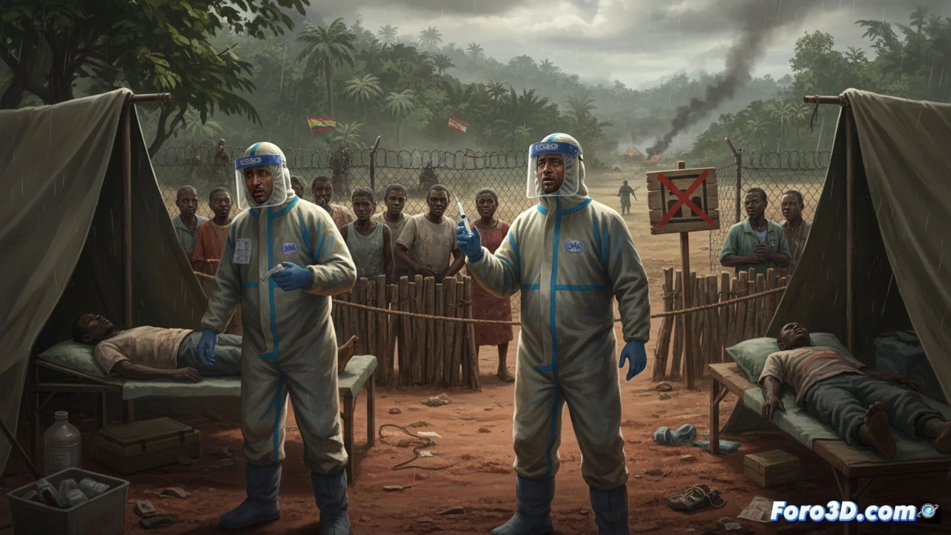 Ebola outbreak containment scene in eastern Congo, health workers in full hazmat suits spraying disinfectant on a closed border gate, red biohazard warning signs and broken ambulance nearby, violent militia shadows in the background forest, medical equipment scattered on muddy ground, cinematic photorealistic technical illustration, dramatic overcast lighting, high-contrast shadows, ultra-detailed protective gear textures, wet dirt reflecting emergency vehicle lights, tense action moment showing containment failure
