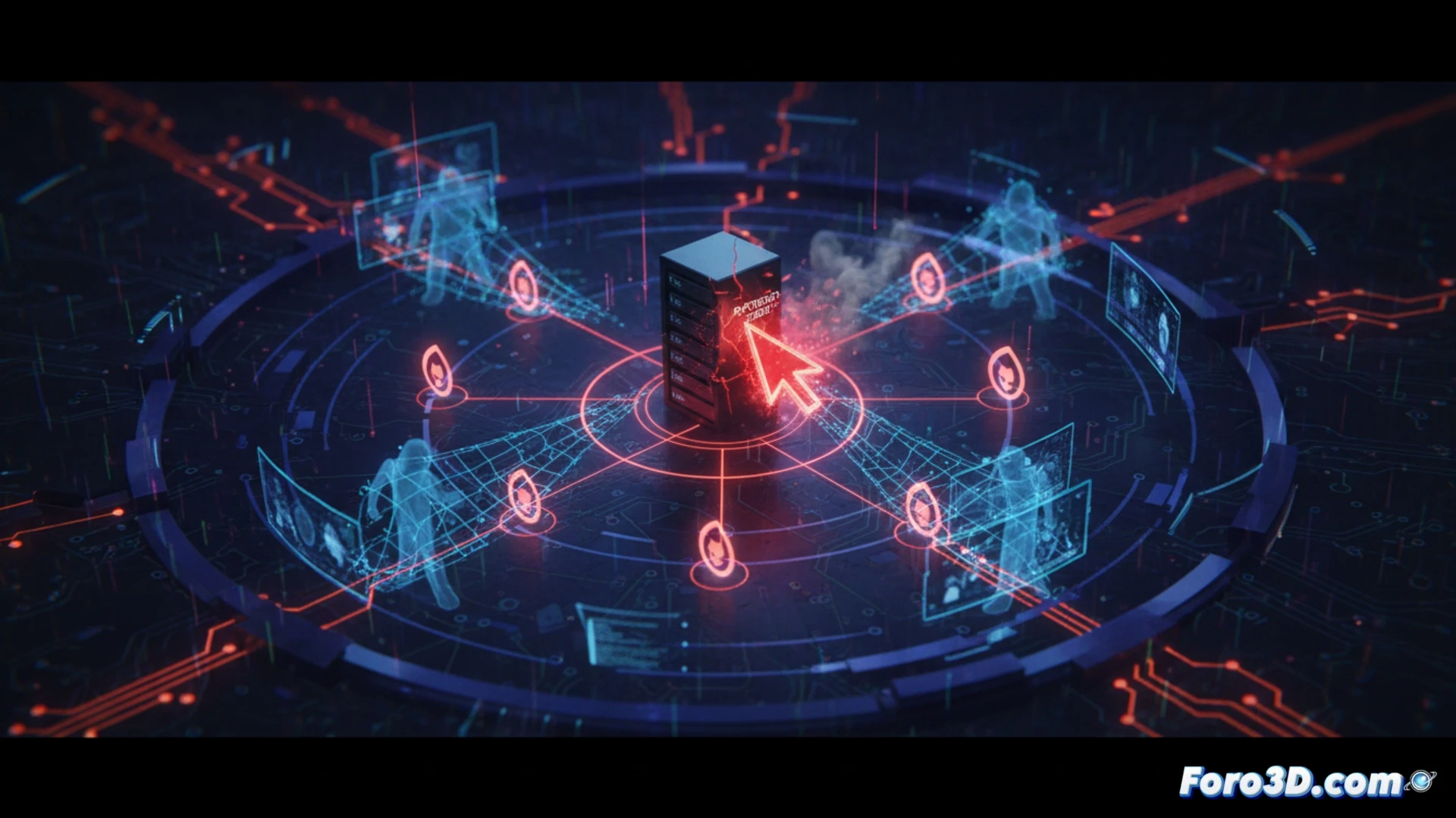 Descripción para imagen (80-120 caracteres):  

Primer plano de un clic en ratón sobre fondo digital rojo, con redes neuronales y un punto cero brillante.
