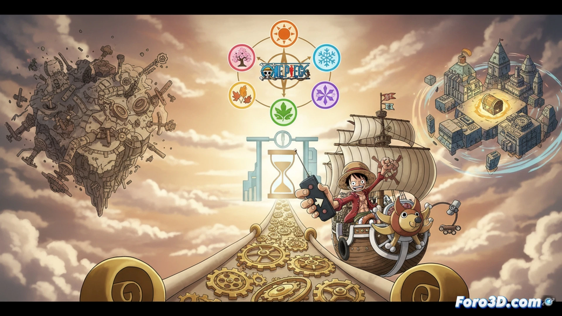 Un barco pirata de One Piece navega entre pergaminos de manga y un cronómetro, con escenas de animación brillante y fragmentos de relleno rotos.