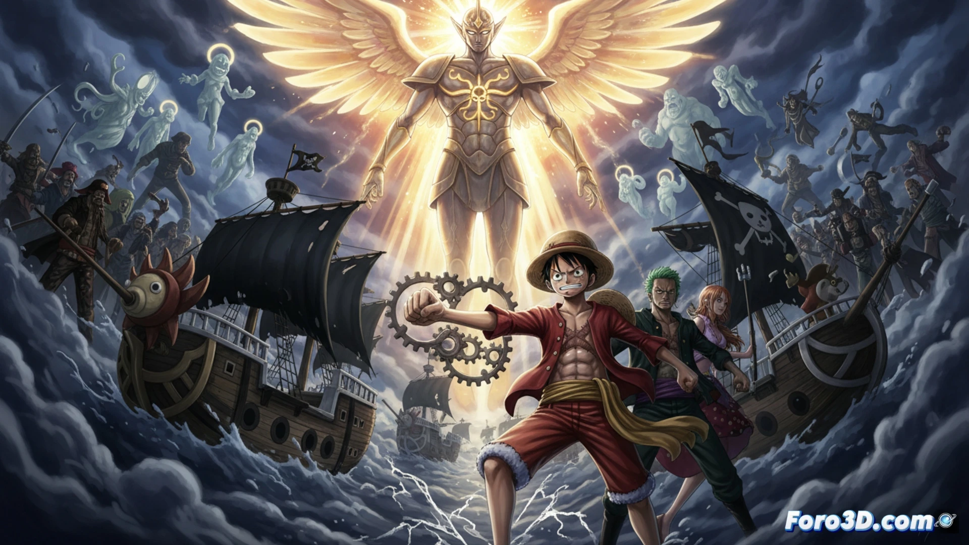 three sailing ships on a stormy sea, central ship splitting apart at the hull, glowing divine golden chains wrapping around a pirate ship’s mast while a smaller secondary ship with detailed character silhouettes sinks into shadow, storm clouds forming a massive humanoid face in the sky, cinematic fantasy illustration, dramatic chiaroscuro lighting, ropes and wooden planks breaking mid-action, dark ocean waves swallowing a compass and map, photorealistic render with epic scale, high contrast between golden divine light and dark storm clouds