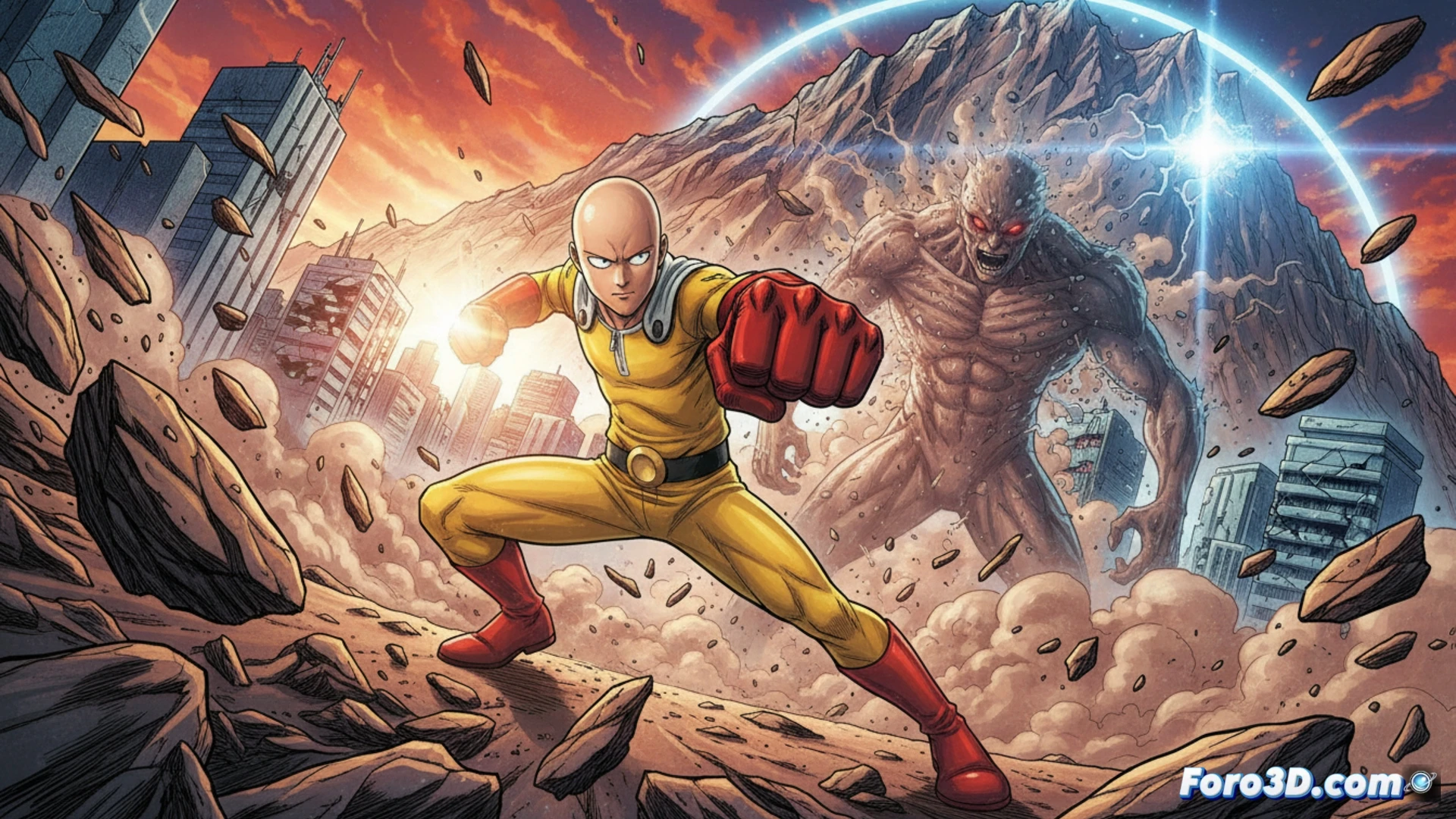 Saitama, calvo y con capa, frente a un monstruo gigante; fondos detallados y perspectiva dinámica crean un combate épico.