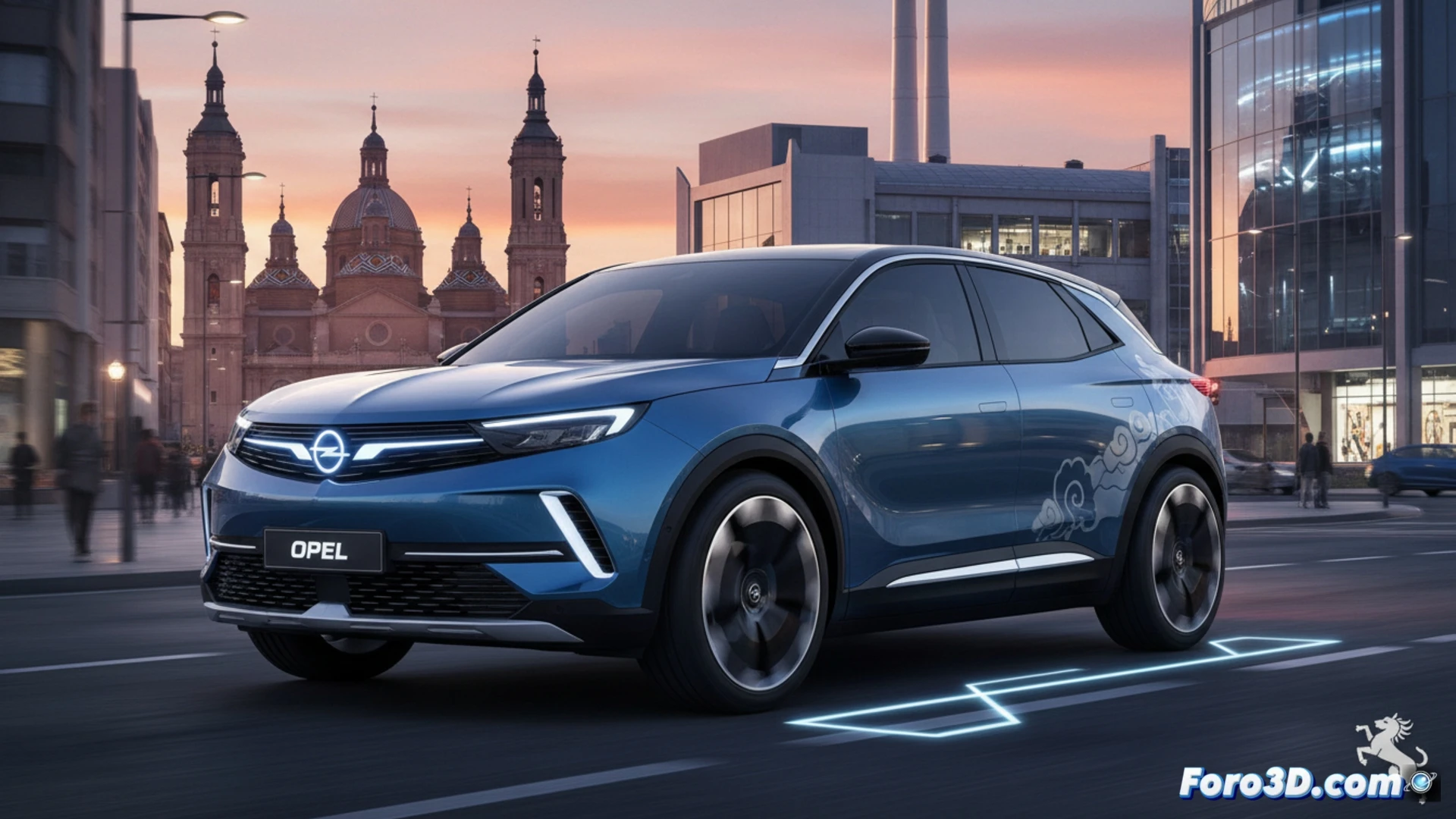 Vehículo eléctrico Opel en fábrica de Zaragoza, con tecnología china Leapmotor, en línea de montaje moderna y banderas de España y China.