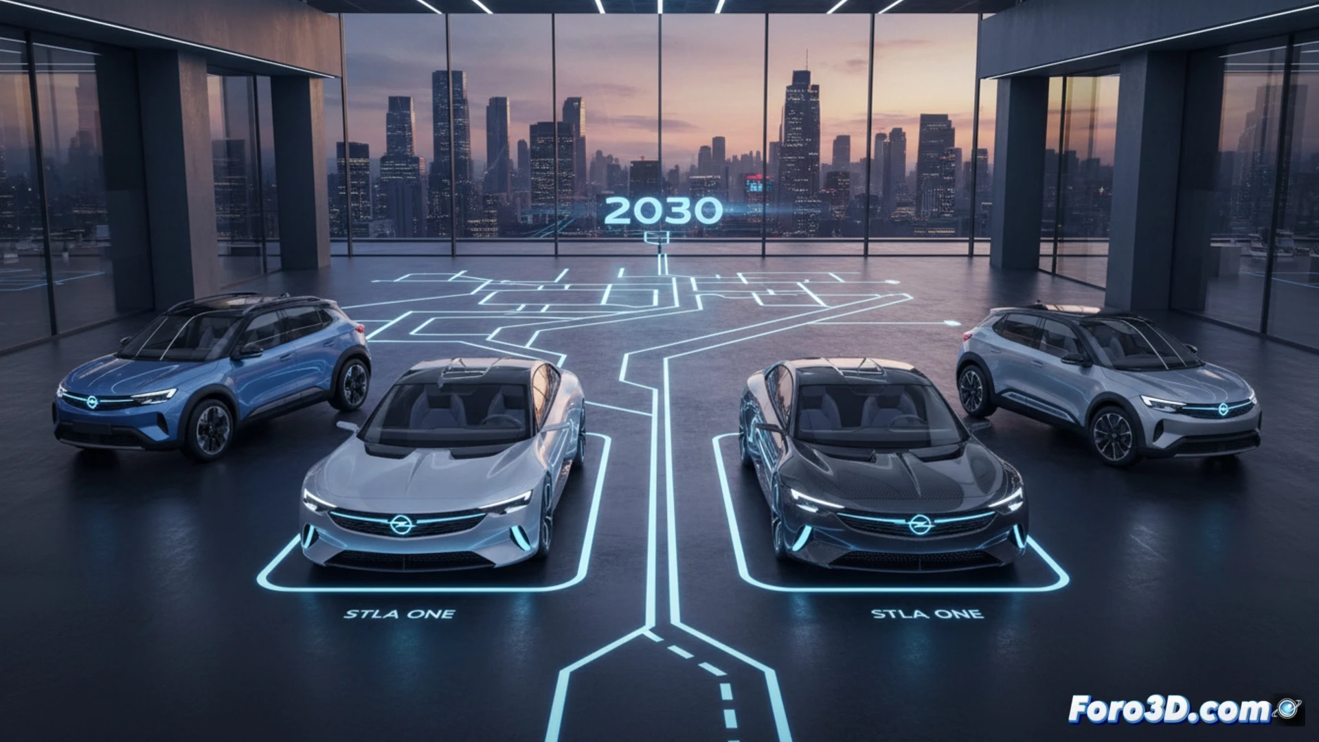 stylized engineering visualization of a futuristic automotive assembly line, four distinct electric vehicle silhouettes on elevated platforms, two vehicles mid-assembly on modular STLA One skateboard chassis, glowing battery pack integration process, robotic arms installing drivetrain components, holographic data overlays showing platform modularity, industrial blue LED lighting, metallic surfaces with carbon fiber textures, clean factory environment, photorealistic technical illustration, dynamic composition emphasizing mass production readiness for 2030