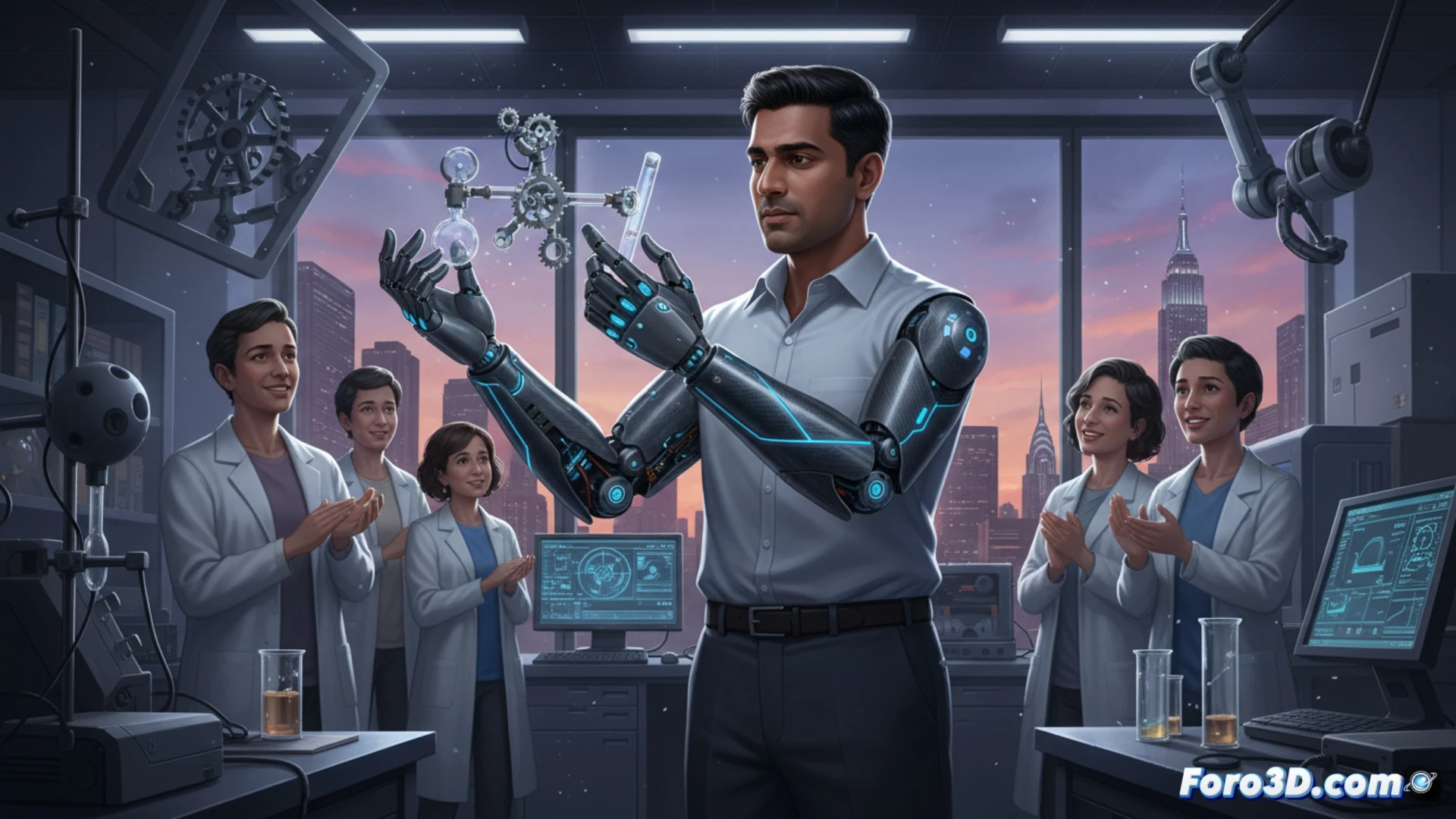 realistic prosthetic arm Hero FLEX being fitted onto a male amputee with a truncated upper arm, mechanical carbon-fiber socket aligning with residual limb, robotic fingers curling in a controlled grip while holding a transparent glass object, 3D-printed lattice structure visible on forearm, lab technician adjusting tension cables with a small wrench, patient looking at his new hand with focused expression, illuminated by soft clinical LED panels, clean medical workspace with calibration tools and a laptop showing CAD model of the arm, photorealistic engineering visualization, shallow depth of field highlighting the bionic joint articulation, matte titanium finish with blue accent strips, high-tech medical atmosphere