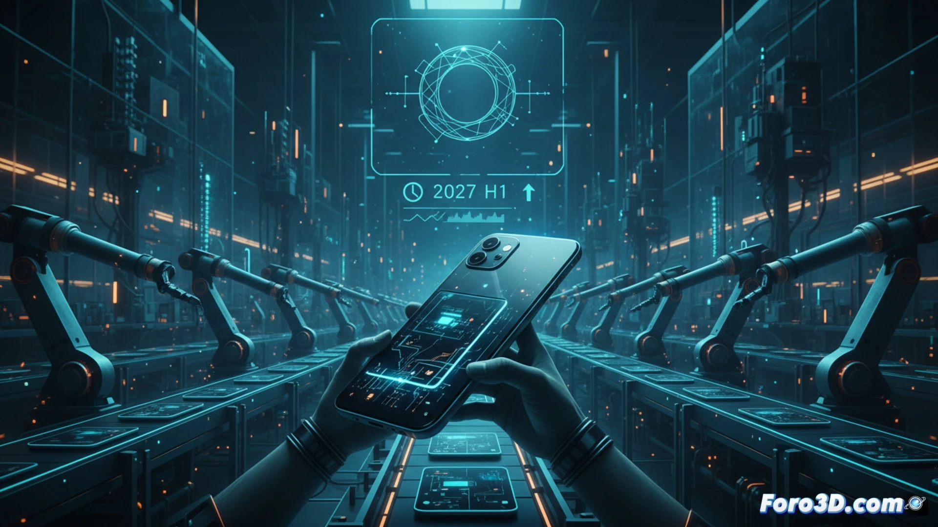 Una línea de montaje robótica futurista acelera, con smartphones brillantes bajo un cronómetro que marca 2027 y el logo de OpenAI en la pantalla.