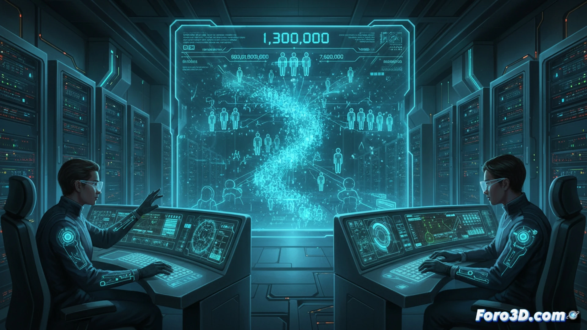Three human silhouettes standing before a massive holographic command console, orchestrating one hundred glowing Codex agent nodes arranged in parallel grid formation, each node pulsing with data streams and token counters, a vast API token meter displaying 603 billion consumed units, floating GPT-5.5 engine core radiating blue energy at center, real-time request flow lines connecting agents to processing servers, server racks stacked in deep background with blinking status LEDs, dramatic cinematic lighting, photorealistic technical visualization, sleek metallic surfaces, high-tech control room atmosphere, dynamic motion blur on data streams, ultra-detailed engineering aesthetic.