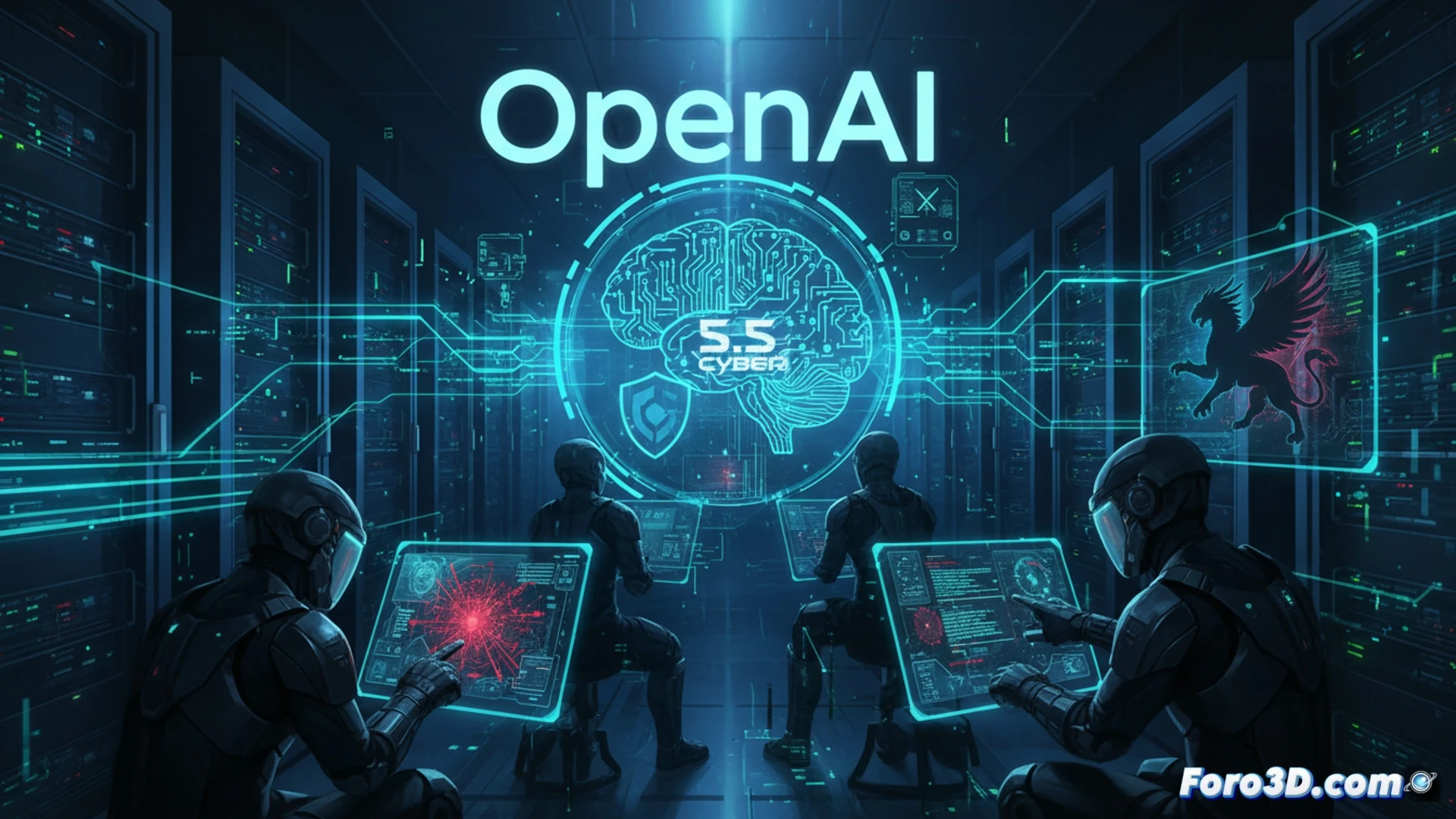 Una interfaz digital oscura muestra un escudo cibernético brillante, rodeado de códigos verdes y malware rojo, con un ojo robótico en el centro vigilando vulnerabilidades.