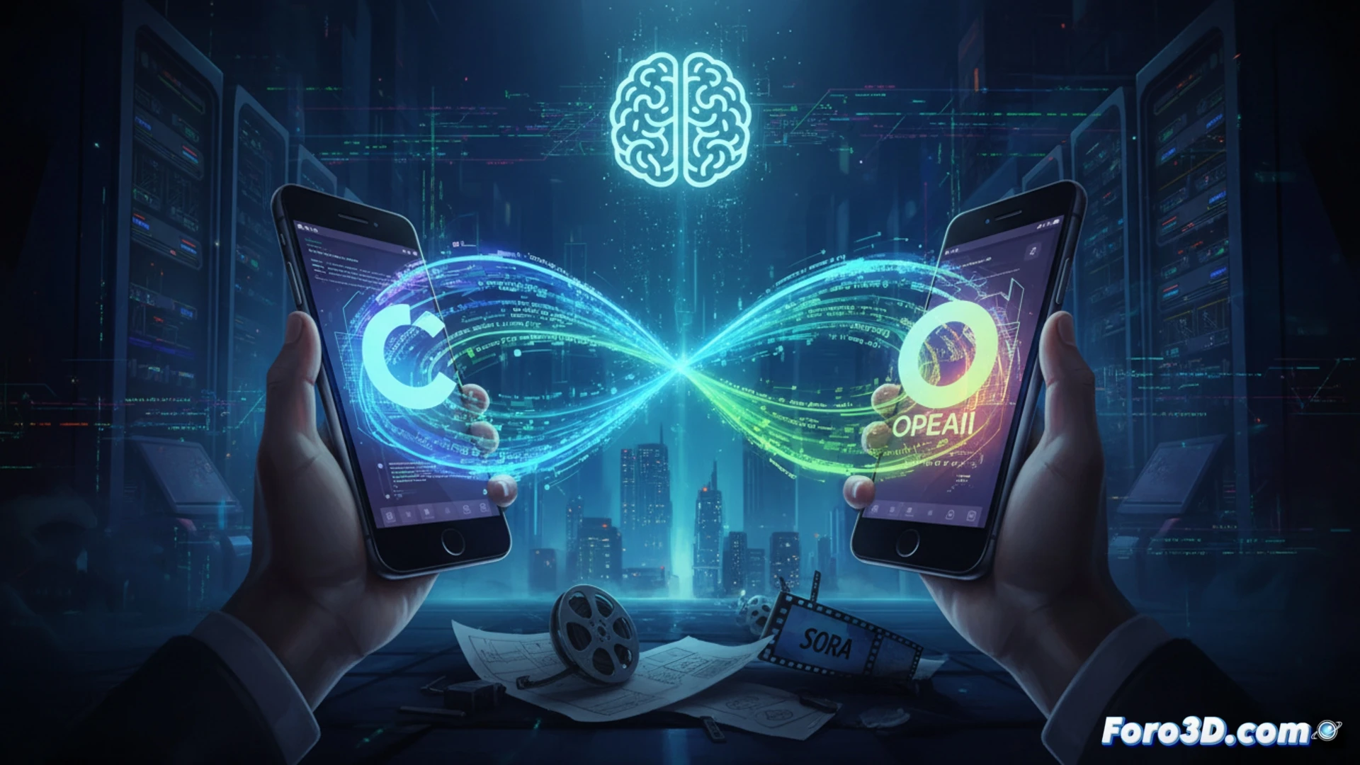 smartphone held in hand displaying ChatGPT mobile interface with Codex panel open, glowing code lines streaming upward from screen into floating holographic interface, stylized mobile app icon morphing into terminal window, animated cursor typing instructions while app icons rearrange automatically on phone home screen, futuristic technical illustration style, blue and purple neon accents, dark mode UI with syntax highlighting, smooth gesture control demonstration, sleek smartphone with metallic frame, subtle reflection on glass surface, minimalistic background with soft gradient lighting, photorealistic mobile technology render, dynamic composition showing interaction between human hand and digital code environment