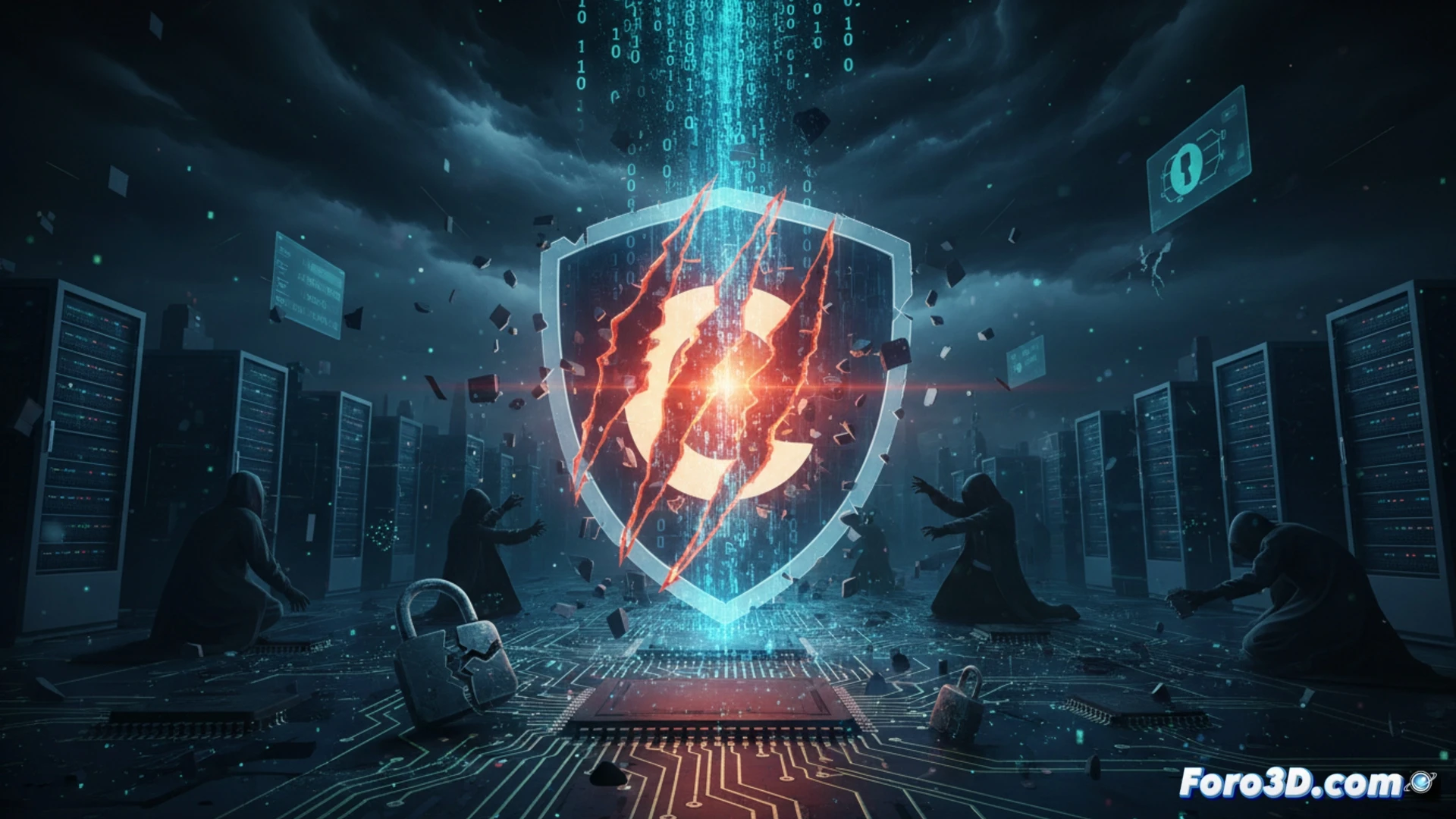 cinematic security breach scene, glowing red lines tracing data streams escaping from a cracked open-source code module on a monitor, a robotic claw reaching through a firewall gap toward a server rack, privilege escalation visualized as ascending glowing steps breaking through security layers, technical illustration style, dark blue and crimson lighting, metallic hardware reflections, warning indicators flashing on network switches, ultra-detailed circuit board textures, photorealistic render