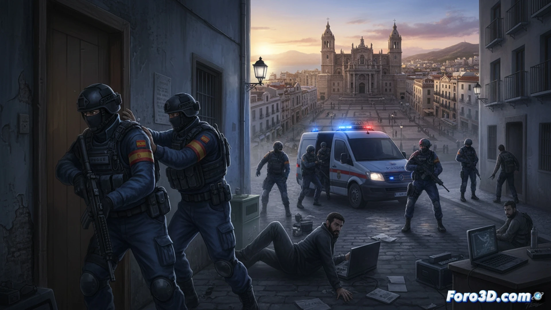 Operación antiterrorista nocturna en España, agentes de fuerzas especiales irrumpiendo en un piso franco, derribando una puerta con un ariete táctico, mientras un técnico forense examina un teléfono móvil y un ordenador portátil en una mesa, cables USB y dispositivos de almacenamiento incautados, drones de vigilancia sobrevuelan la escena urbana, luces rojas y azules de patrullas policiales, calles vacías bajo lluvia ligera, estilo cinematográfico fotorrealista, iluminación dramática de farolas y focos tácticos, atmósfera tensa, alto contraste, texturas detalladas de hormigón y asfalto mojado.