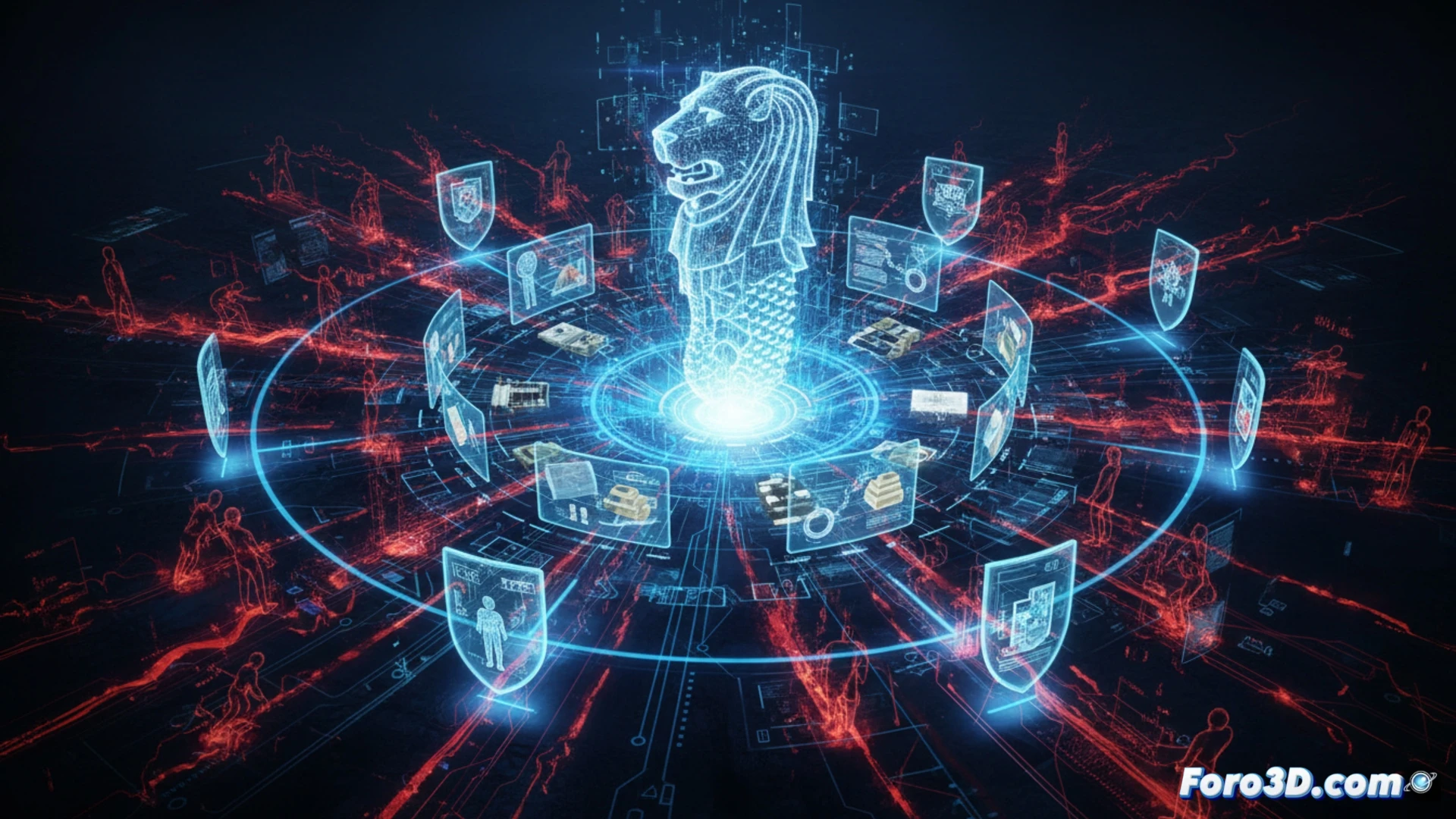 Interpol cybercrime command center during Operation Frontier+ III, three agents monitoring real-time financial fraud data on holographic screens, stacks of seized US dollar bills and gold bars being inventoried on a metal table, glowing blockchain transaction maps and server racks in background, forensic analysts examining hard drives while handcuffed suspects are led away, cinematic photorealistic technical illustration, dramatic blue and amber lighting, ultra-detailed hardware components, motion blur on data streams, high-angle action shot