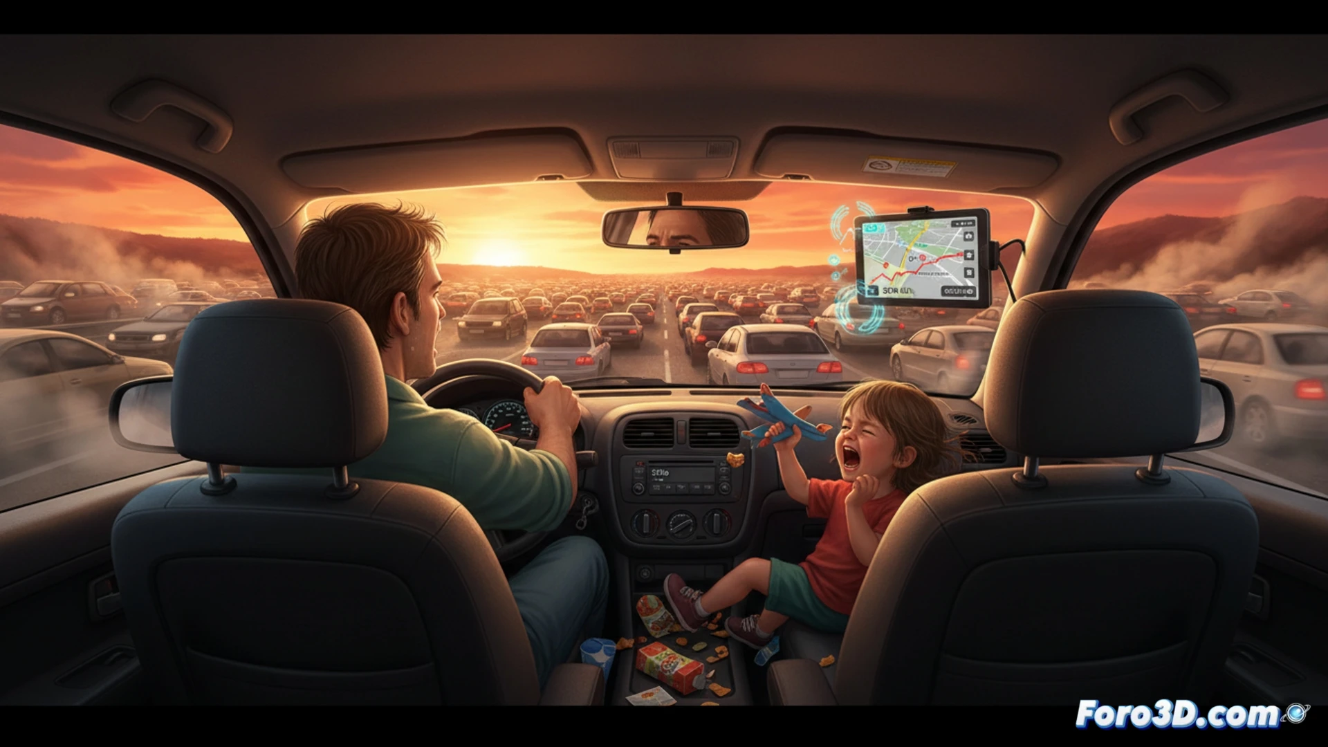 family car stuck in traffic jam on highway at sunset, digital dashboard showing 40 degrees Celsius temperature warning, rearview mirror reflecting children fighting in back seat, one child leaning out window with sick expression, navigation screen displaying route with 300 km distance and 6 hours remaining, air conditioning vents blowing hot air, sweat droplets on driver forehead, cinematic photorealistic style, warm harsh sunlight streaming through windshield, dust particles floating in cabin air, claustrophobic interior framing, technical dashboard details visible, emergency triangle on rear parcel shelf, realistic car interior materials, dramatic tension atmosphere, ultra-detailed automotive environment