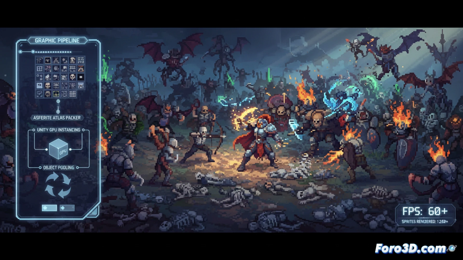 Pantalla de The Last Spell con cientos de enemigos pixel art en un mapa oscuro de 16 bits