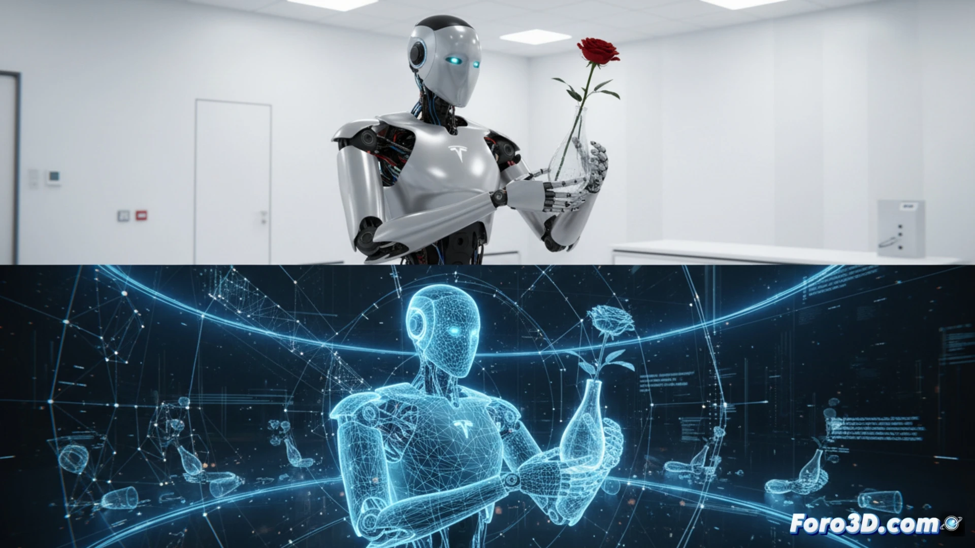 Robot humanoide Tesla Optimus Gen 2 sosteniendo un huevo en un entorno de simulación 3D