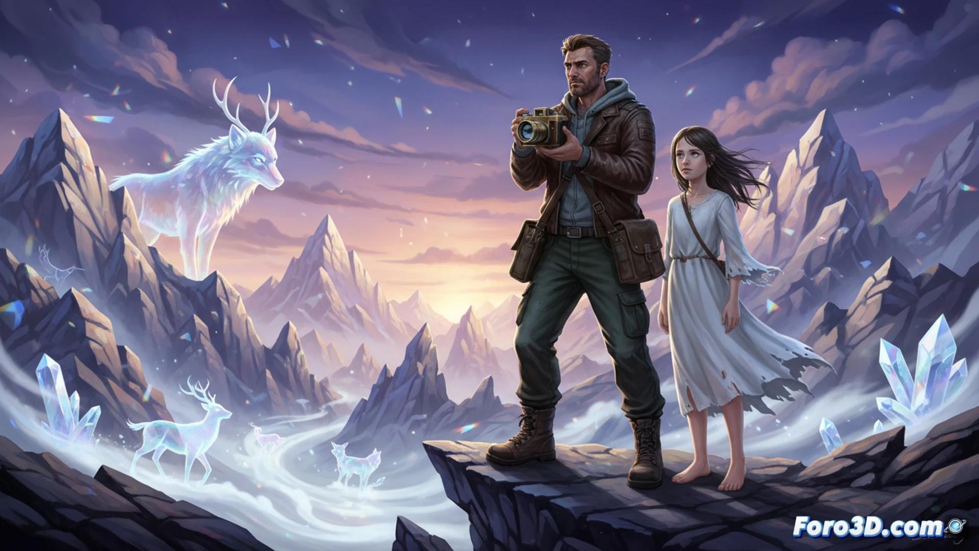 middle-aged photojournalist holding a vintage film camera, kneeling on a mossy cliff edge in an ethereal mountain realm, a mysterious young girl beside him pointing at a glowing spirit animal made of light particles, both observing the creature while adjusting camera lens focus, cinematic photorealistic style, misty mountain peaks in background, soft golden hour light filtering through clouds, ancient stone ruins partially hidden in fog, camera viewfinder reflecting the luminous scene, ultra-detailed landscape textures, atmospheric depth, dreamlike lighting, technical photography gear visible including leather camera strap and metal lens ring