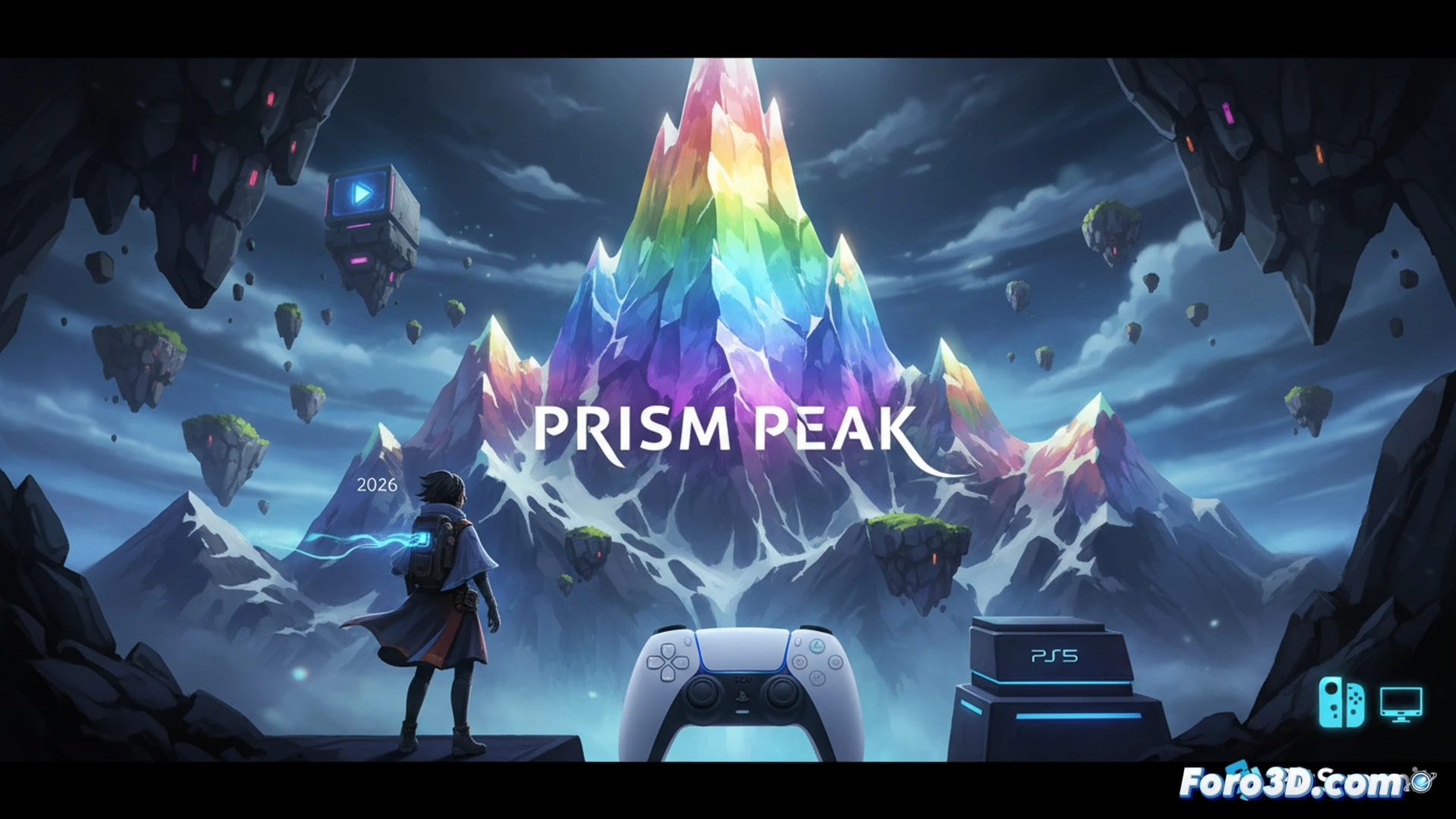 Un jugador sostiene un mando de PS5 frente a una pantalla donde un personaje explora un cañón iridiscente con prismas flotantes, mientras un cartel de BitSummit PUNCH cuelga al fondo, demostrando la acción de seleccionar una rama narrativa con múltiples finales, estilo cinematic photorealistic, iluminación neón y partículas de luz refractada, consola PlayStation 5 encendida con LED azul, cables conectados, interfaz de selección de diálogo brillante, profundidad de campo, render técnico de alta definición, ambiente de convención con luces de escenario, texturas metálicas y de vidrio, sombras dinámicas.
