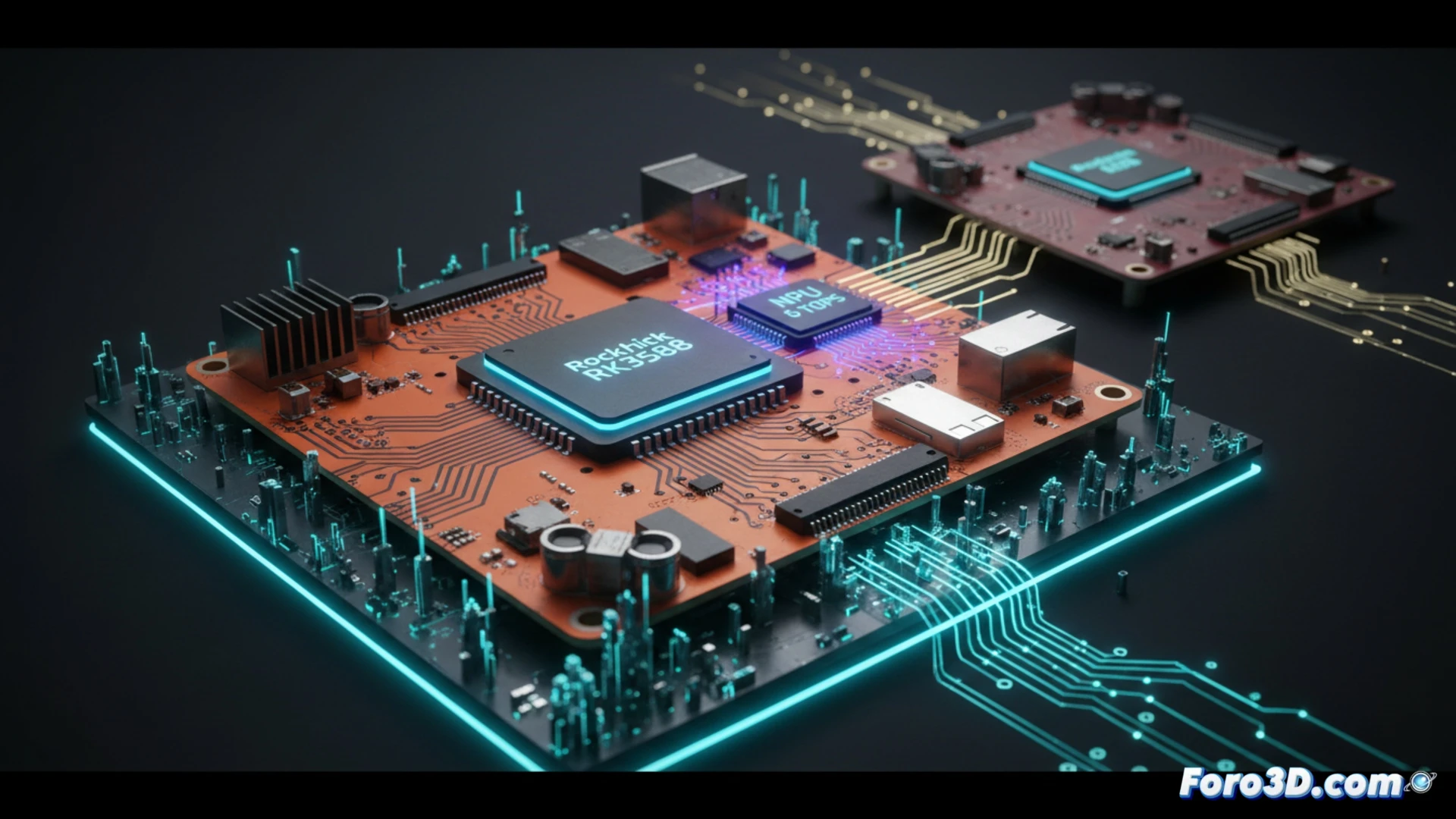 Orange Pi 5 Plus motherboard mounted on a workbench, glowing NPU unit with 6 TOPS label emitting neon blue light, heat sink with cooling fan spinning rapidly, HDMI cable connecting to a monitor displaying real-time AI object detection software, person s hand pointing at the board while debugging edge computing code, oscilloscope probes touching GPIO pins, multimeter measuring voltage, scattered jumper wires and resistors nearby, cinematic engineering visualization, photorealistic technical render, dramatic industrial lighting, metallic surfaces reflecting workshop LEDs, shallow depth of field focusing on the chip
