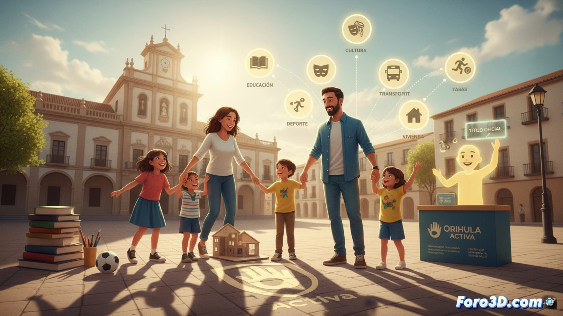 family group at municipal office counter, mother holding official document with holographic seal while father points at poster listing discounted rates for taxes transport and sports, clerk handing over a certificate of large family status, realistic technical illustration, warm administrative lighting, wooden desk with stacked forms and a tablet showing application portal, clean civic style, photorealistic architectural rendering
