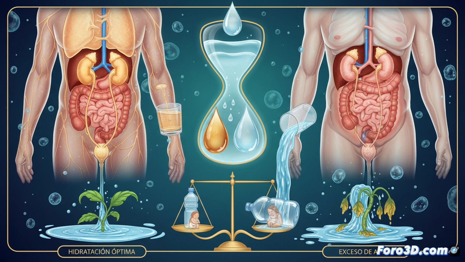 Una botella de agua junto a un vaso transparente con orina casi incolora. Al fondo, gráficos médicos ocultos advierten sobre el riesgo de hiponatremia.