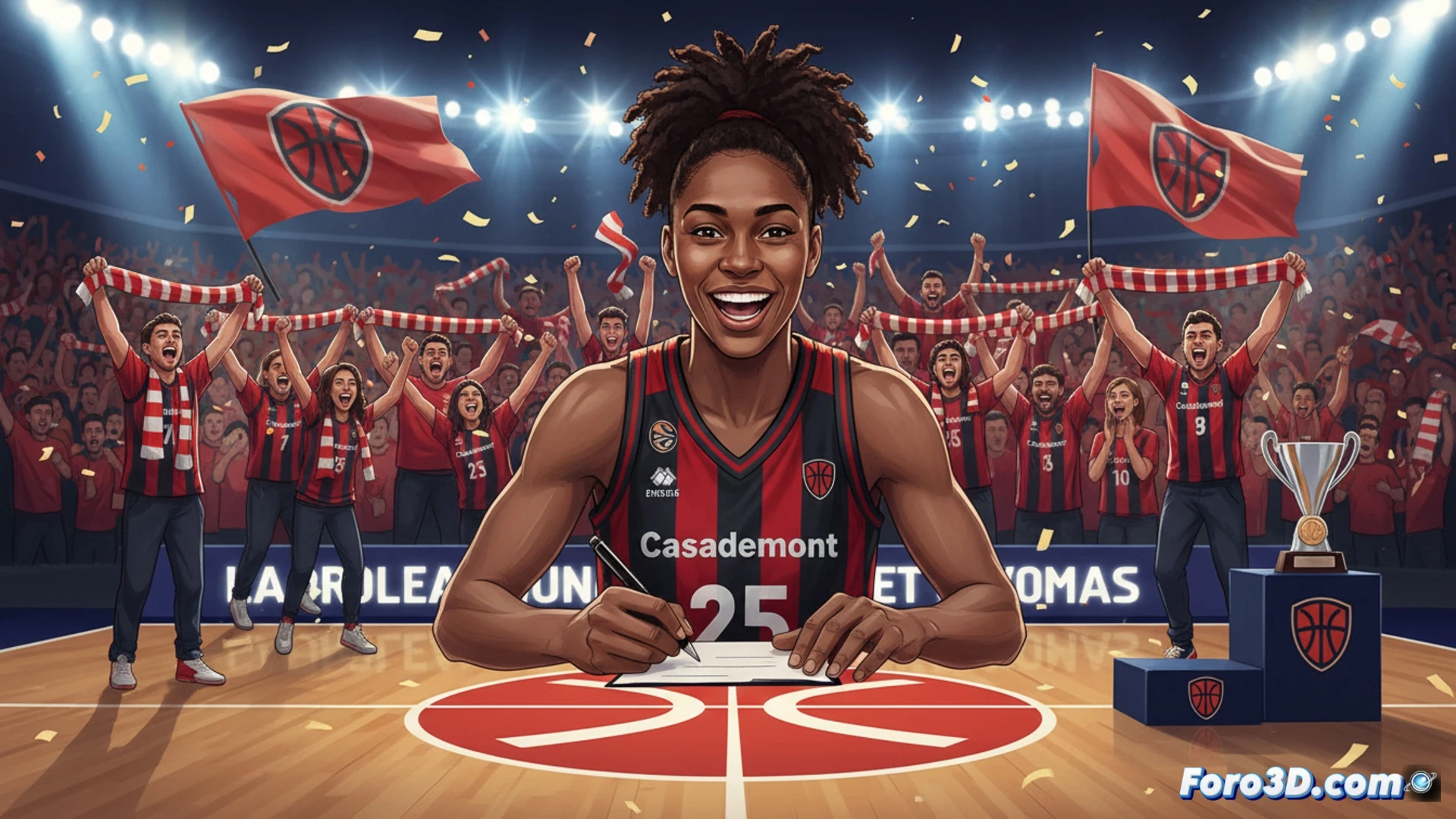 Ornella Bankolé driblando en acción durante un partido de baloncesto femenino, balón naranja rozando la línea de tres puntos, afición rugiendo al fondo con banderas rojas y blancas, sudor y tensión muscular visibles en su rostro, cancha iluminada con focos potentes, zapatillas dejando marcas de goma en el parqué, movimiento congelado en salto hacia canasta, estilo cinematográfico hiperrealista, profundidad de campo reducida, texturas de malla de red y tablero acrílico, luz cálida de estadio, render fotorrealista deportivo.