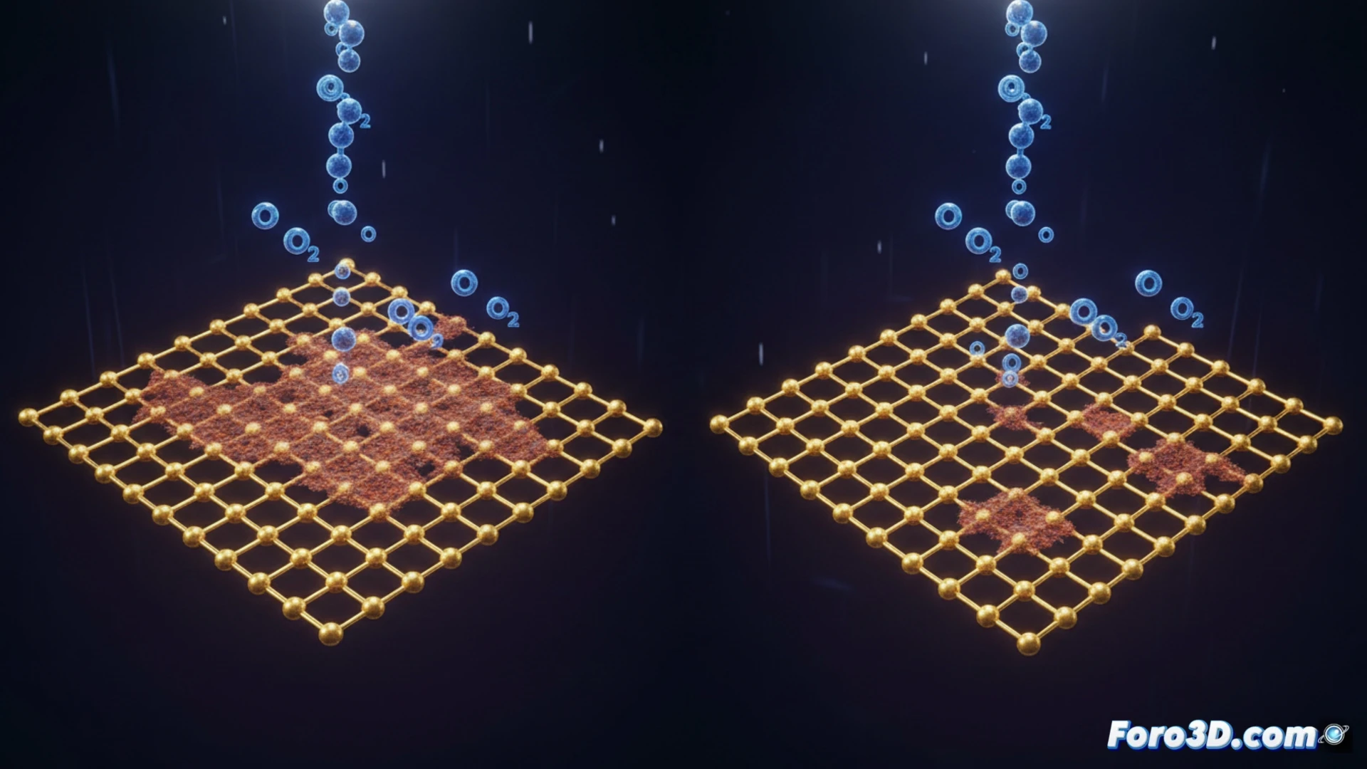 gold atomic lattice structures comparison, square lattice arrangement actively splitting oxygen molecules from air, glowing oxygen atoms being pulled apart at the lattice edge, hexagonal lattice nearby remaining inert with oxygen molecules bouncing off, lattice distortion lines showing hexagonal trying to revert to square shape, quantum mechanics simulation interface in background, molecular model visualization with metallic gold spheres and red oxygen atoms, cinematic engineering illustration, dramatic side lighting on crystalline surfaces, subtle particle trails indicating reaction paths, photorealistic technical render