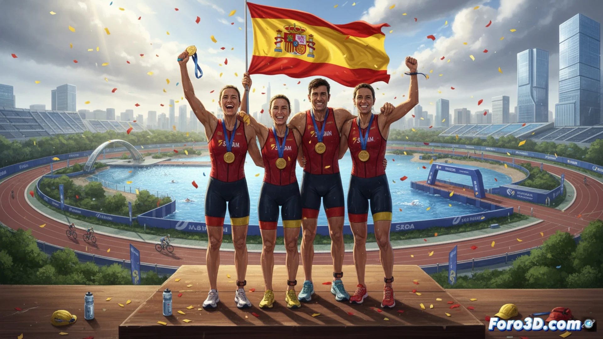 Cuatro triatletas españoles celebran con banderas doradas tras ganar el relevo mixto en Chengdú.